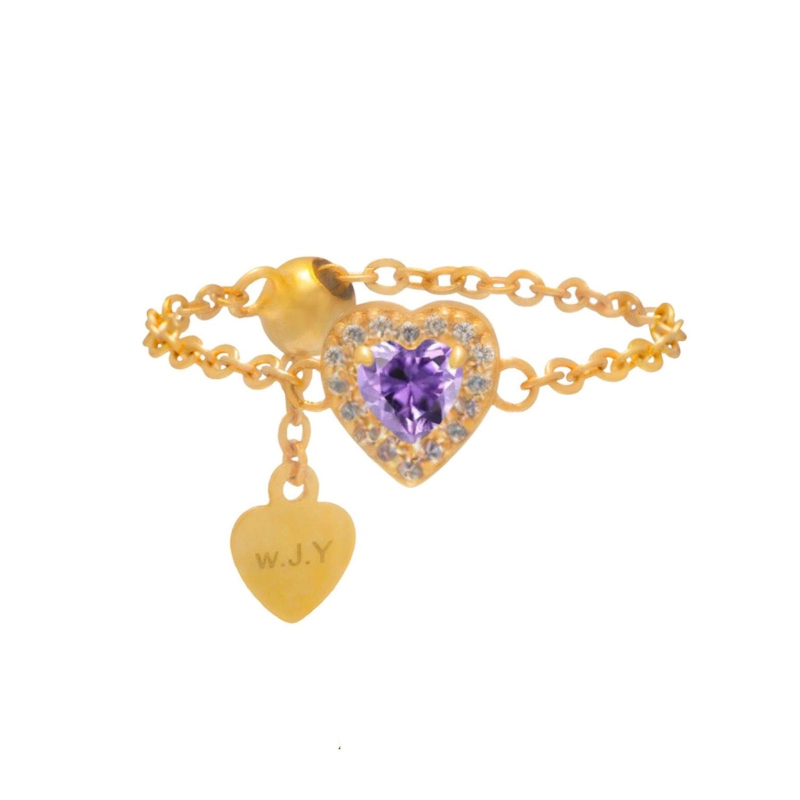 WJY STUDIO - Amethyst Heart Birthstone Gold Zipper Ring, buy at DOORS NYC