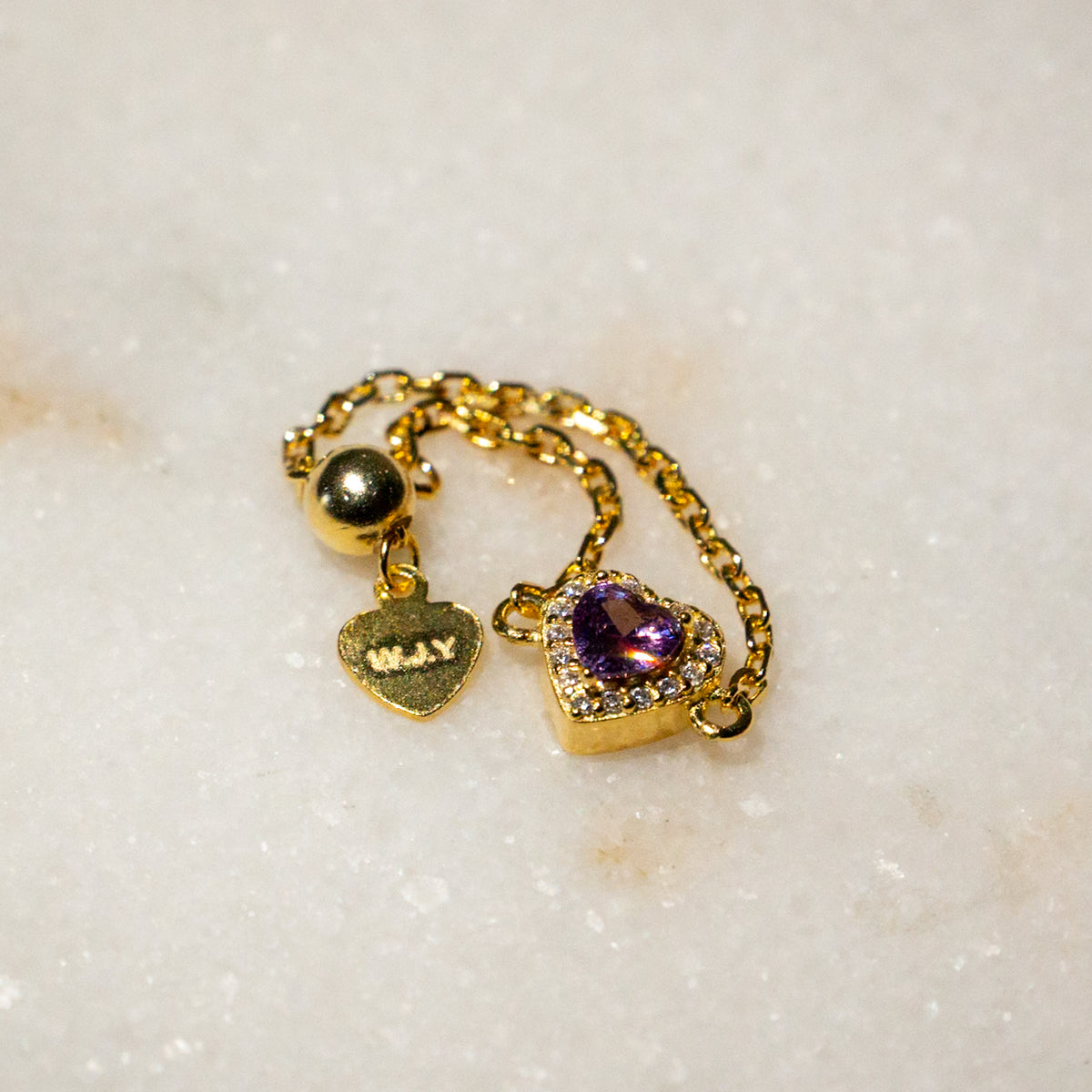 WJY STUDIO - Amethyst Heart Birthstone Gold Zipper Ring, buy at DOORS NYC
