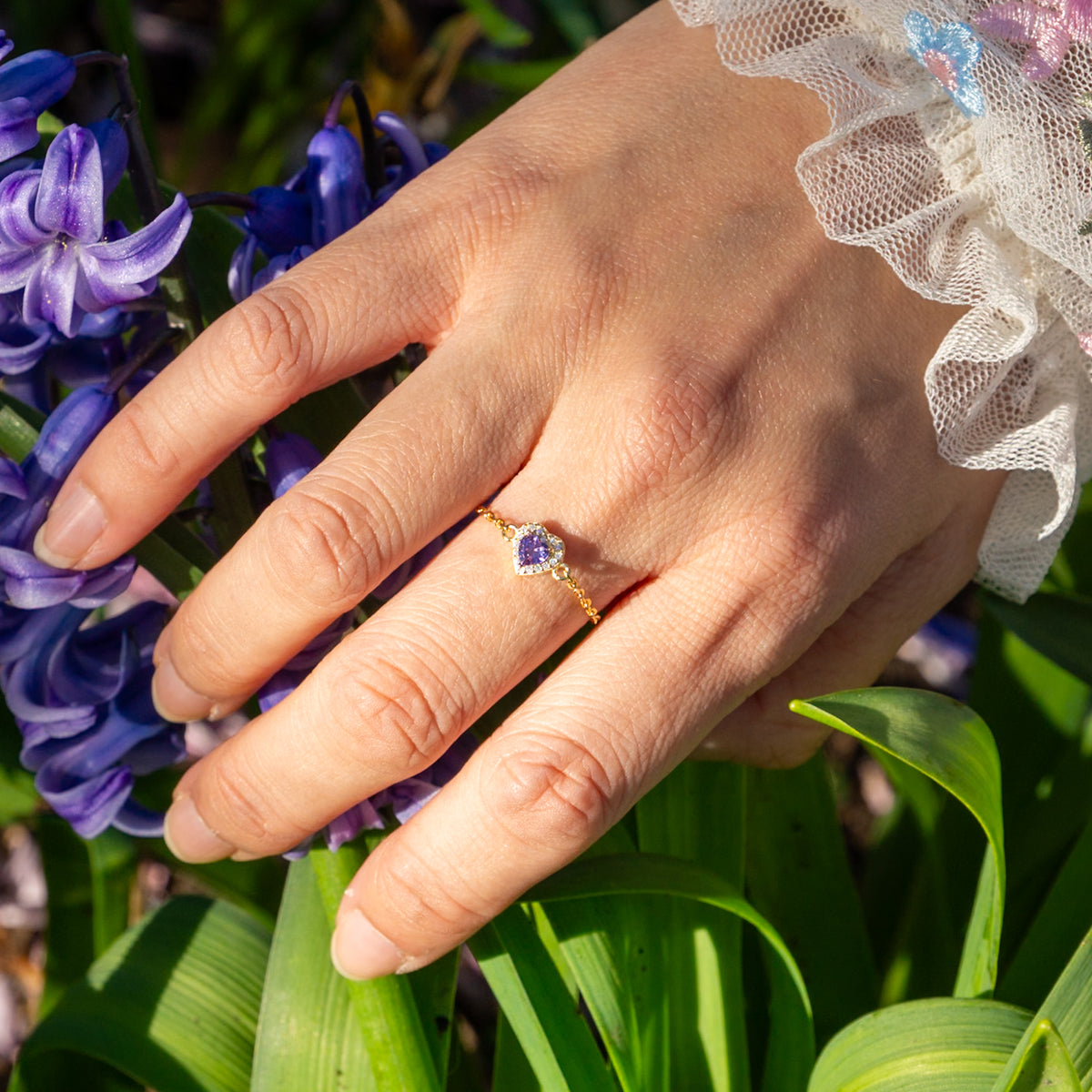 WJY STUDIO - Amethyst Heart Birthstone Gold Zipper Ring, buy at DOORS NYC