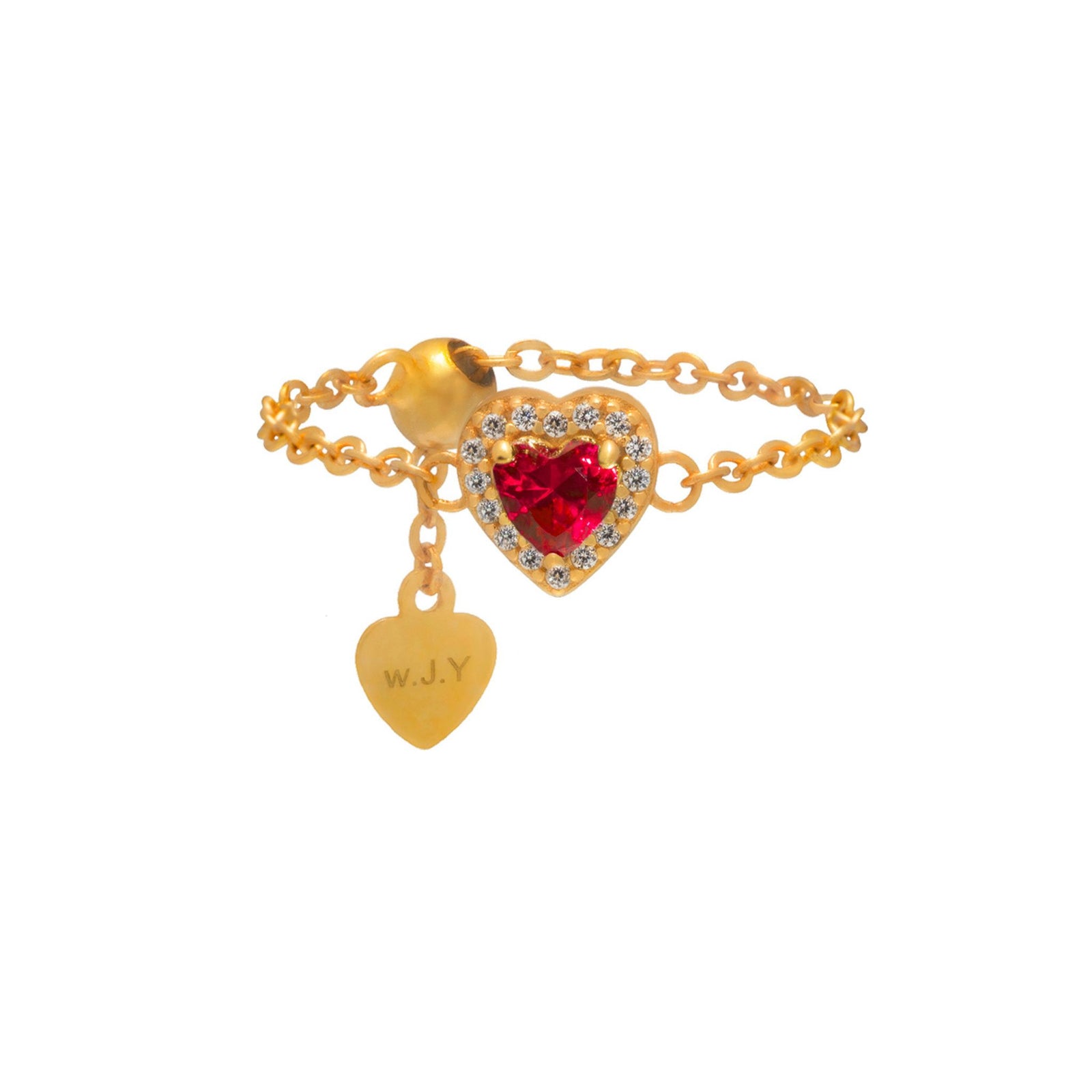 WJY STUDIO - Ruby Heart Birthstone Gold Zipper Ring, buy at DOORS NYC