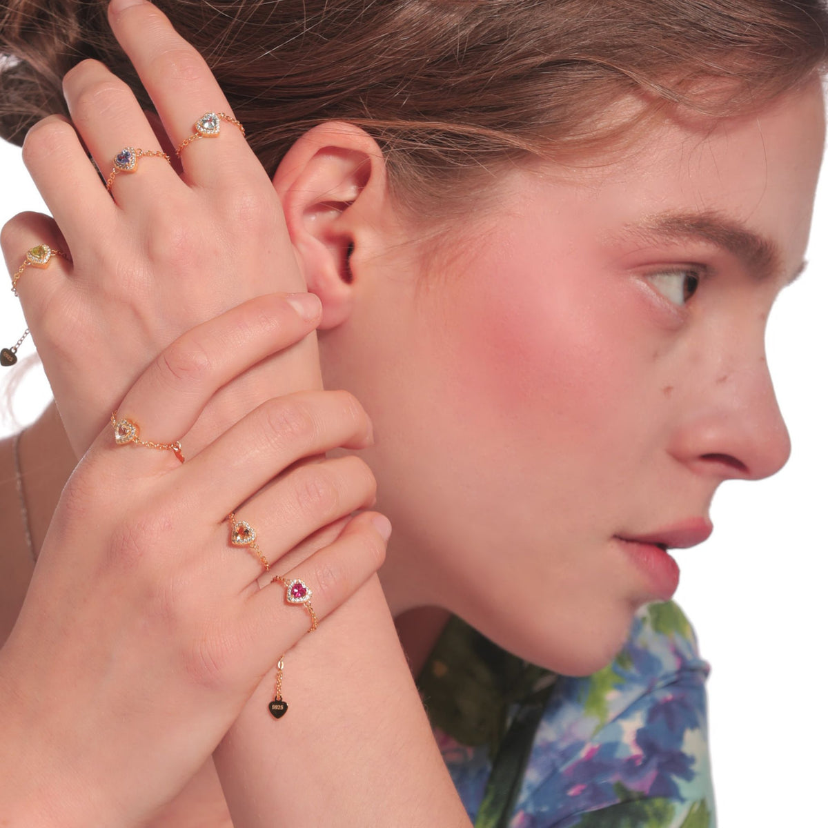 WJY STUDIO - White Diamond Heart Birthstone Gold Zipper Ring, buy at DOORS NYC