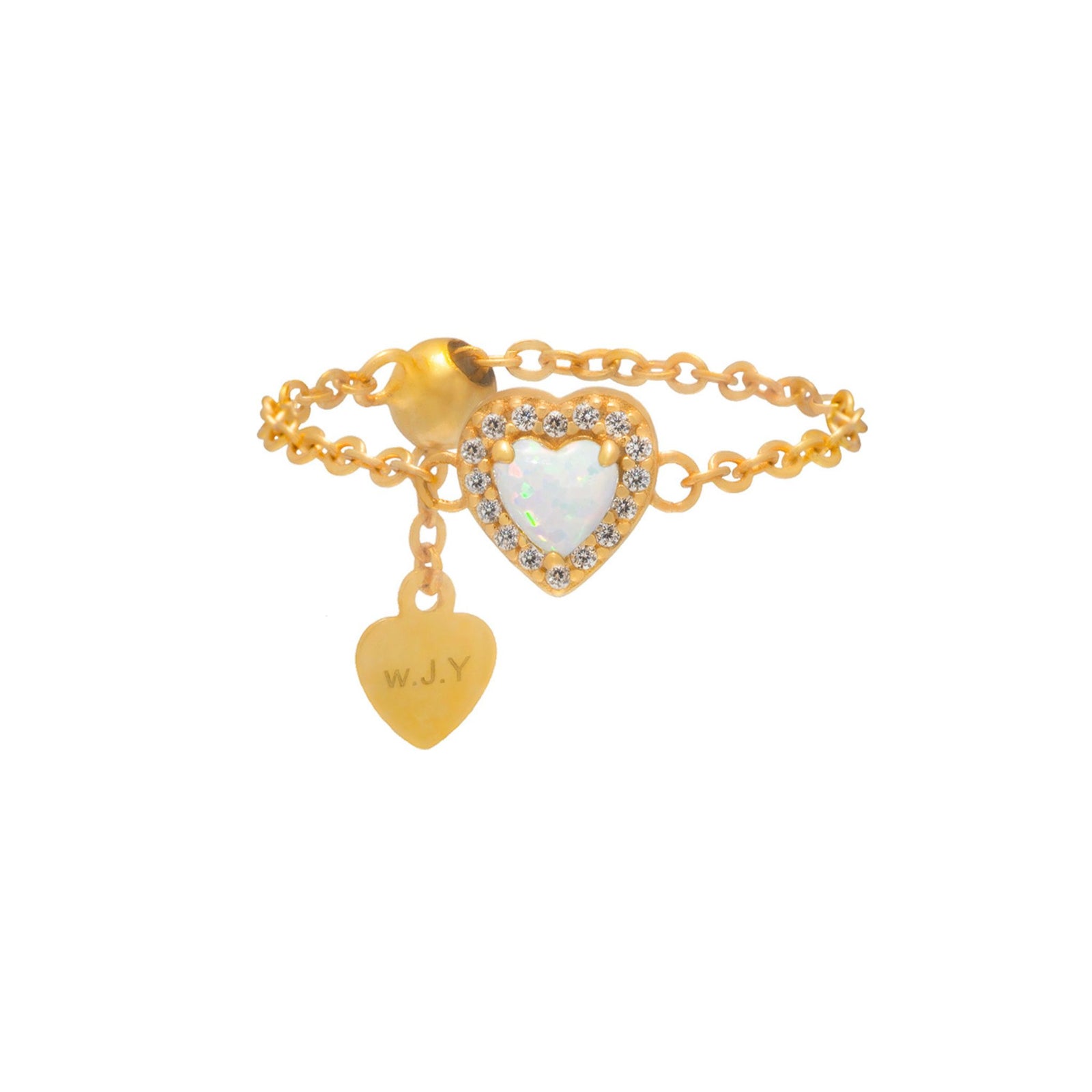 WJY STUDIO - White Opal Heart Birthstone Gold Zipper Ring, buy at DOORS NYC