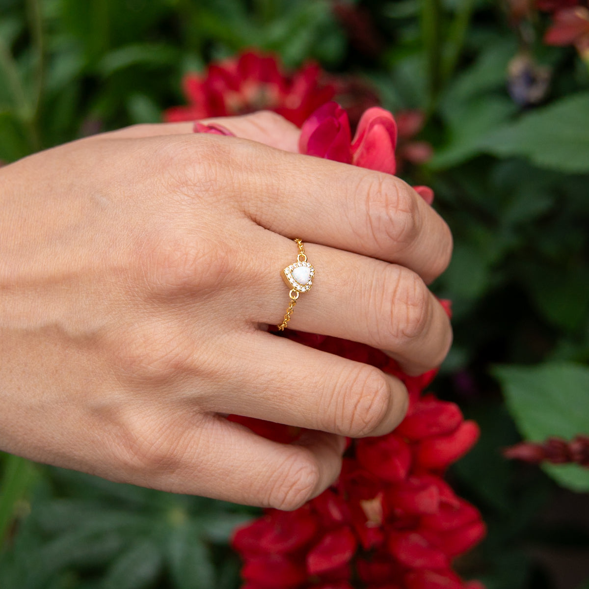 WJY STUDIO - White Opal Heart Birthstone Gold Zipper Ring, buy at DOORS NYC