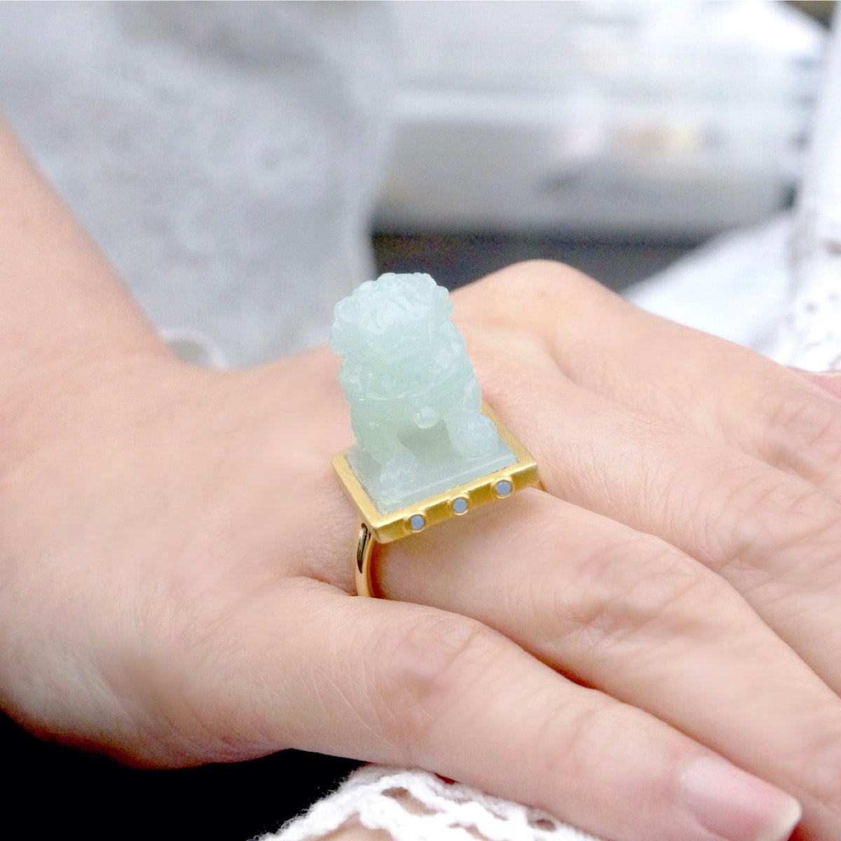 WJY STUDIO - Lion Guardianship Adjustable Jade Ring, buy at DOORS NYC