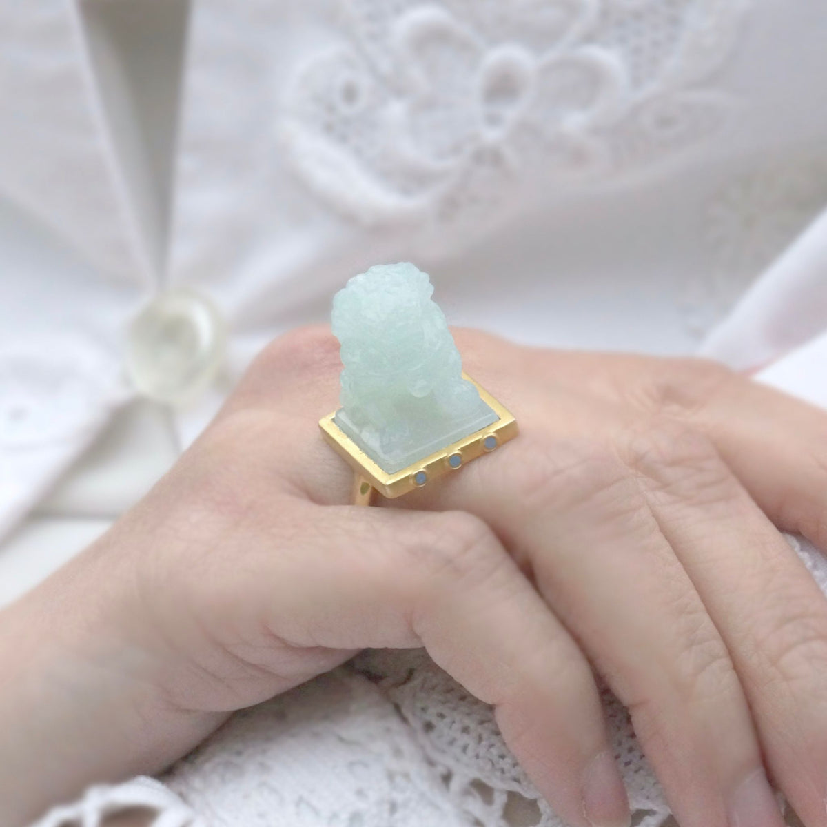 WJY STUDIO - Lion Guardianship Adjustable Jade Ring, buy at DOORS NYC