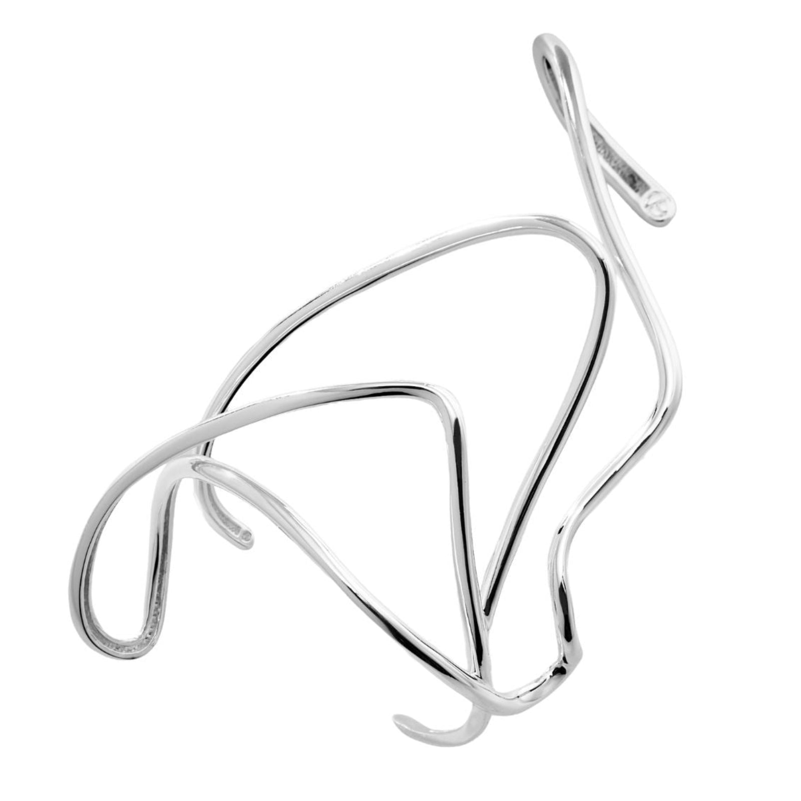 The Silver Miragem Hand Bracelet from ANNA PRATA’s Duna Collection features sleek, curved silver rods in an abstract modern design, inspired by contemporary jewelry and shown against a white background.