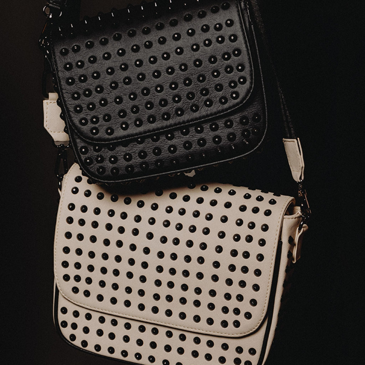 MVLUCKY - Black Studded Vegan Leather Crossbody With Chain Strap, buy at DOORS NYC