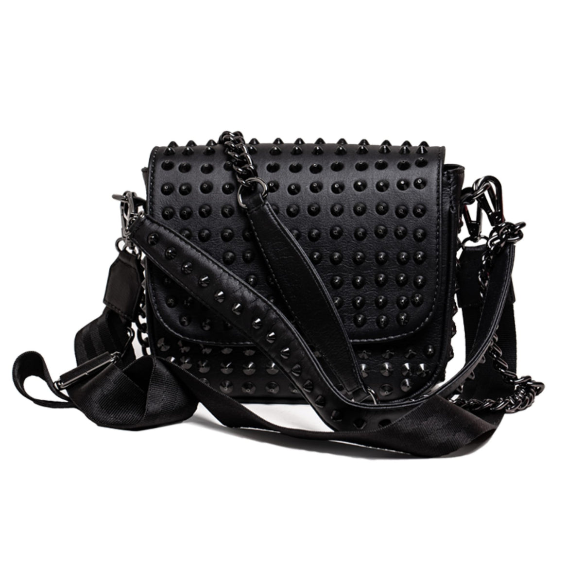 MVLUCKY - Black Studded Vegan Leather Crossbody With Chain Strap, buy at DOORS NYC
