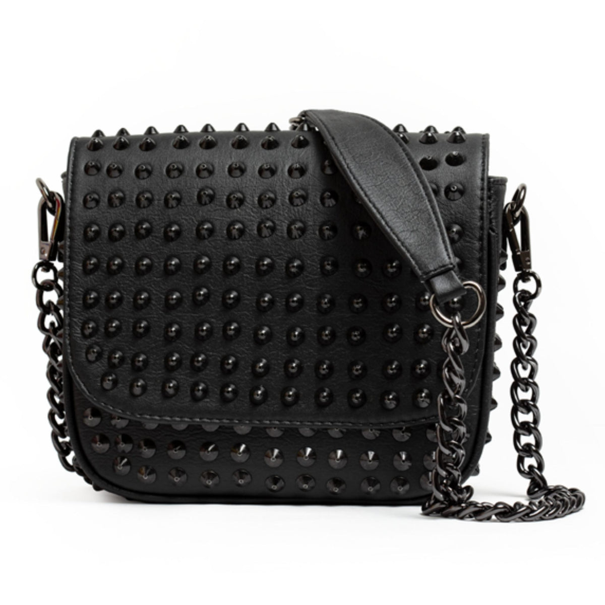 MVLUCKY - Black Studded Vegan Leather Crossbody With Chain Strap, buy at DOORS NYC