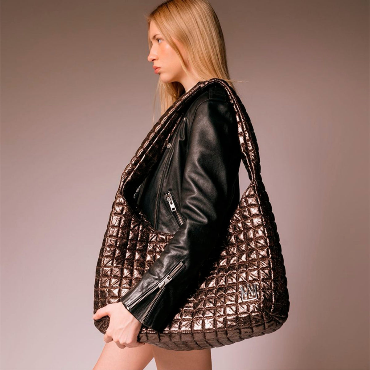 MVLUCKY - Metallic Quilted Nylon Shoulder Flow Bag With Magnetic Closure, buy at DOORS NYC