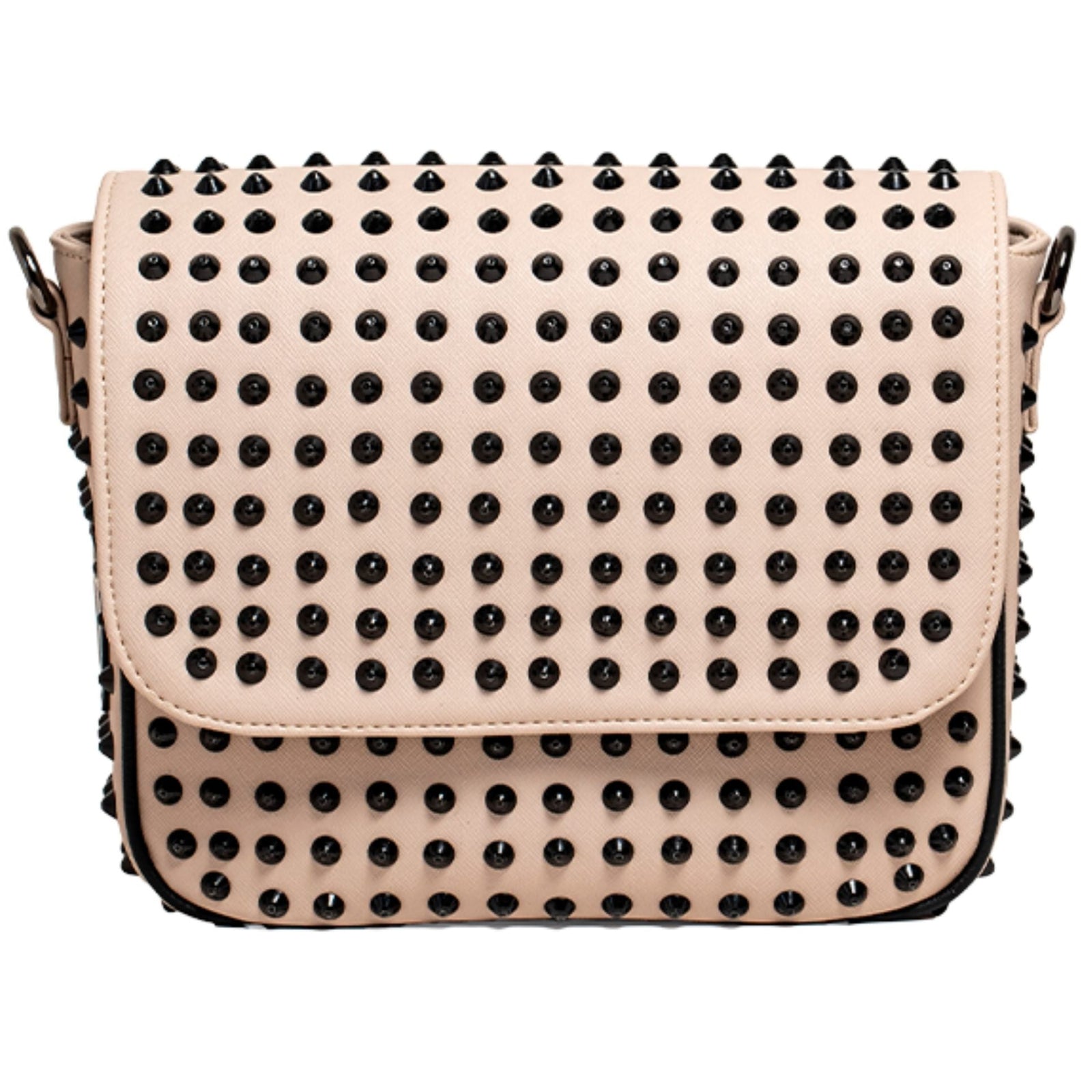 MVLUCKY - Champagne Studded Vegan Leather Chain Crossbody With Black Rivets, buy at DOORS NYC