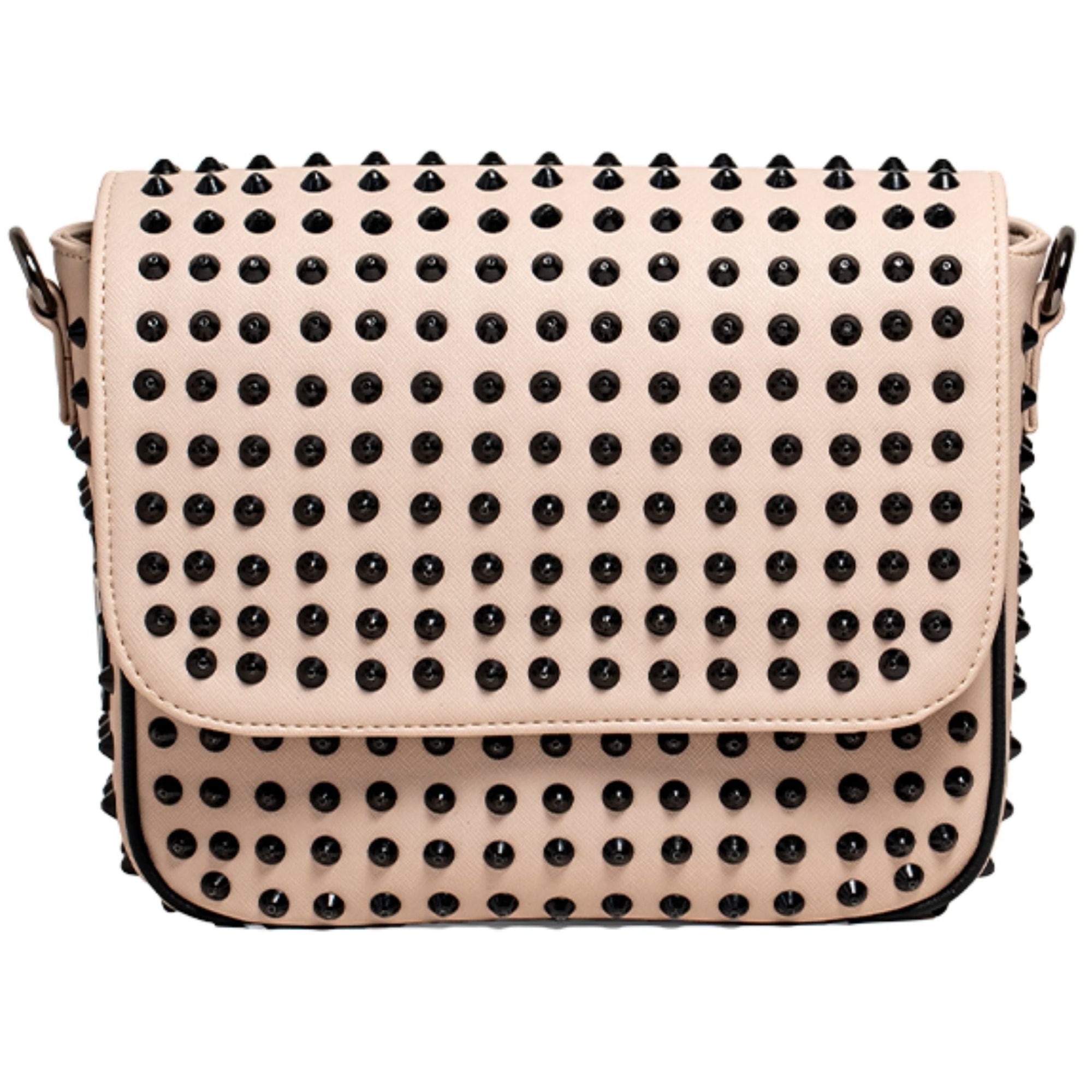 MVLUCKY - Champagne Studded Vegan Leather Chain Crossbody With Black Rivets, buy at DOORS NYC