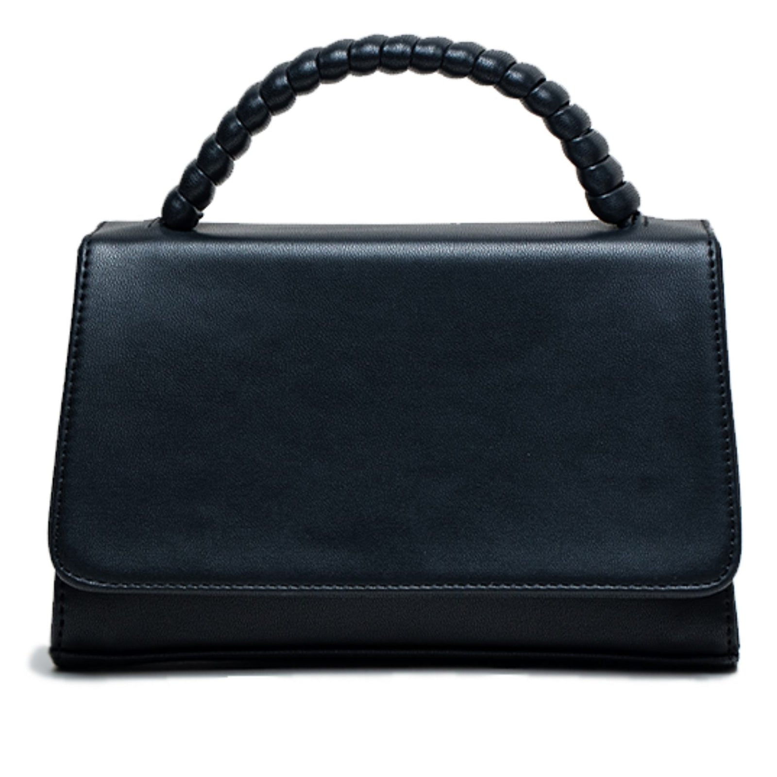 Black handbag with a textured handle on a white background