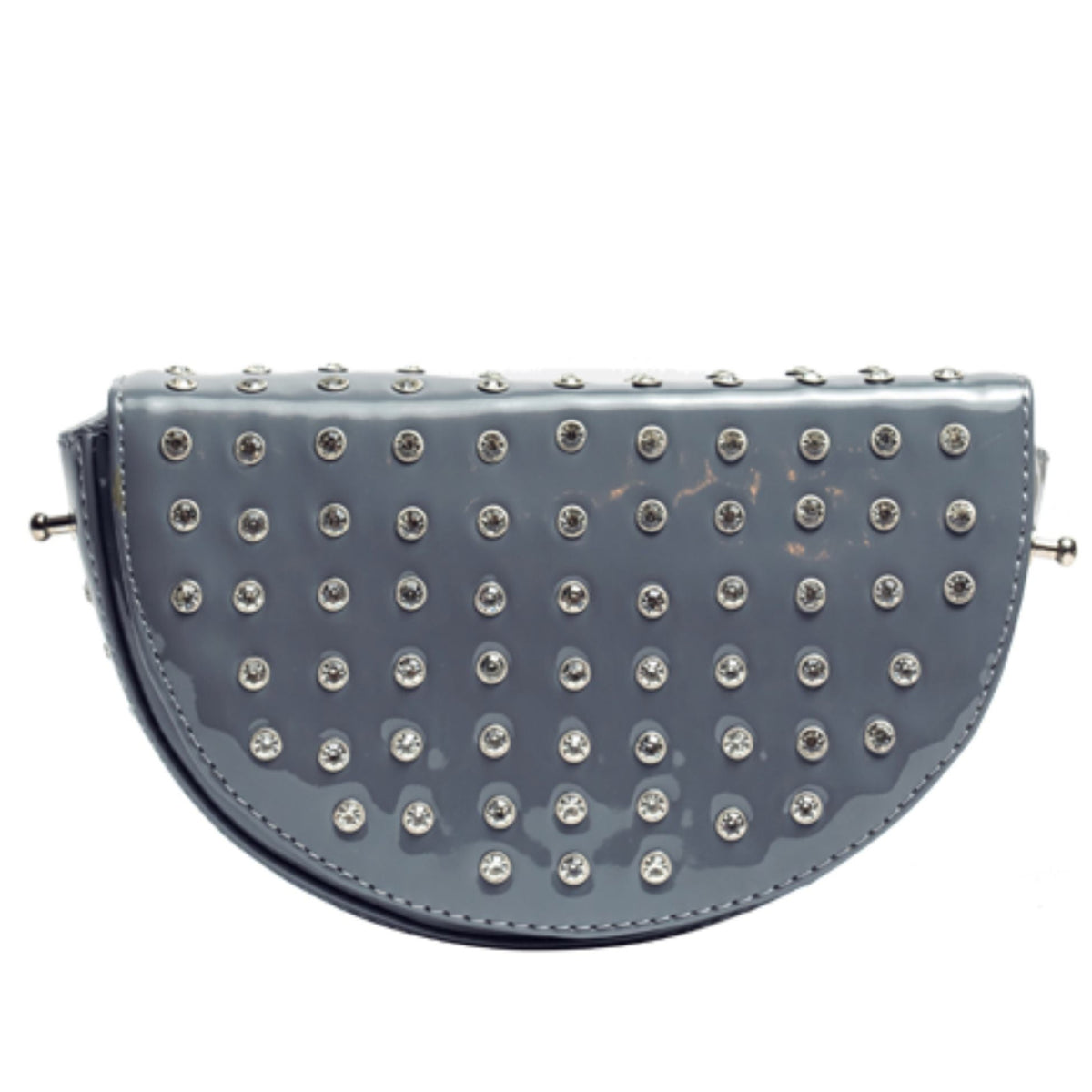 MVLUCKY - Grey Patent Leather Crescent Ycm Clutch With Crystals, buy at DOORS NYC