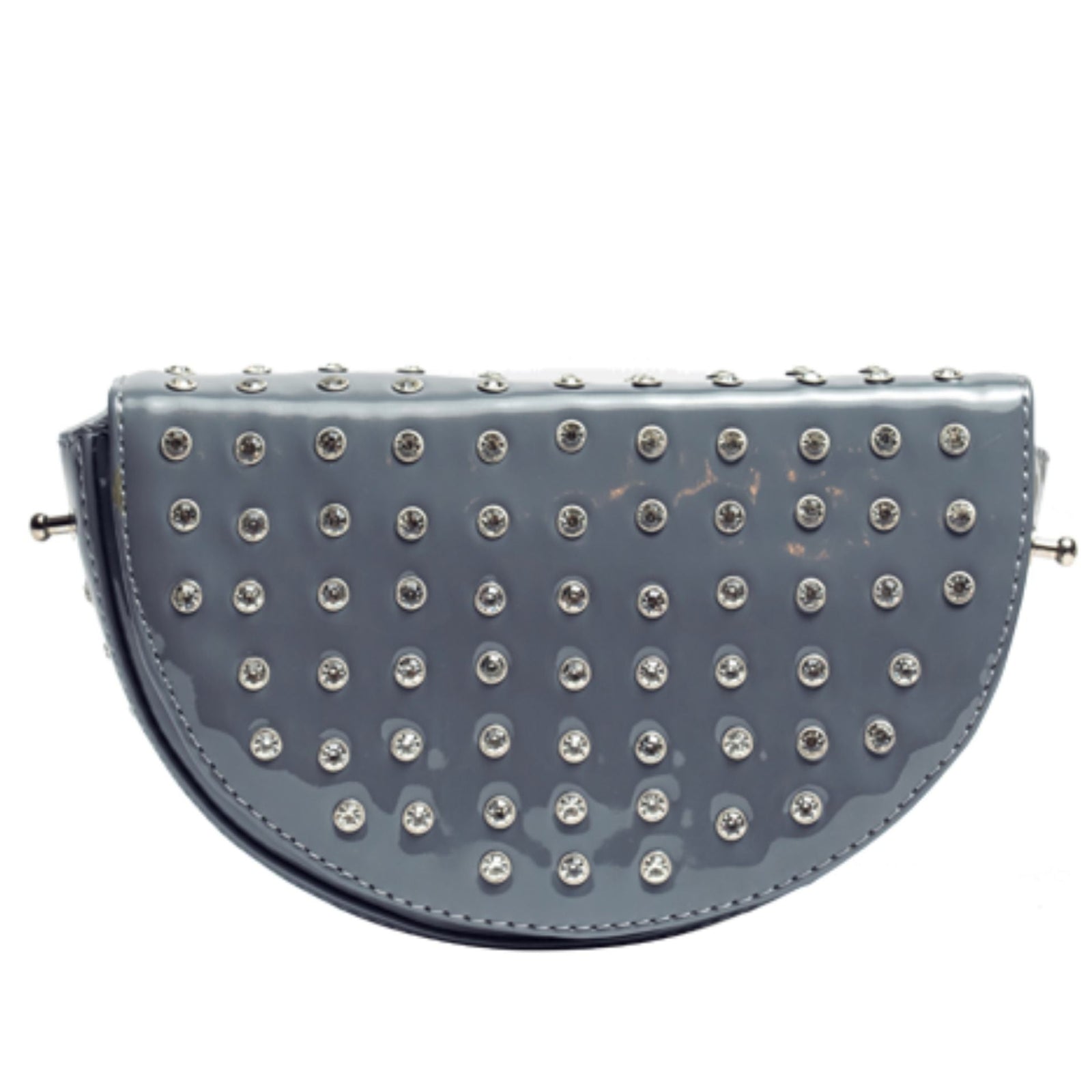 MVLUCKY - Grey Patent Leather Crescent Ycm Clutch With Crystals, buy at DOORS NYC