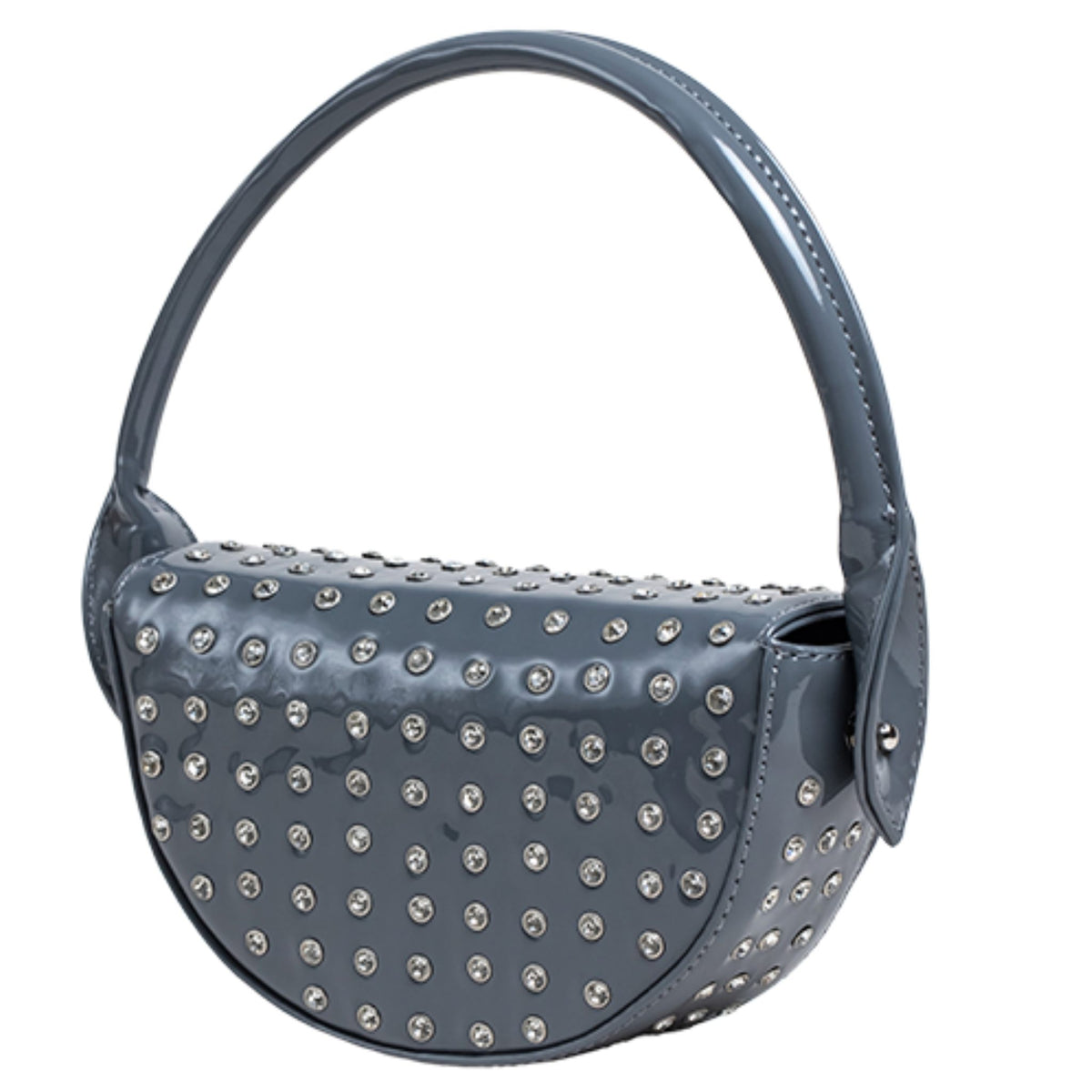 MVLUCKY - Grey Patent Leather Crescent Ycm Clutch With Crystals, buy at DOORS NYC