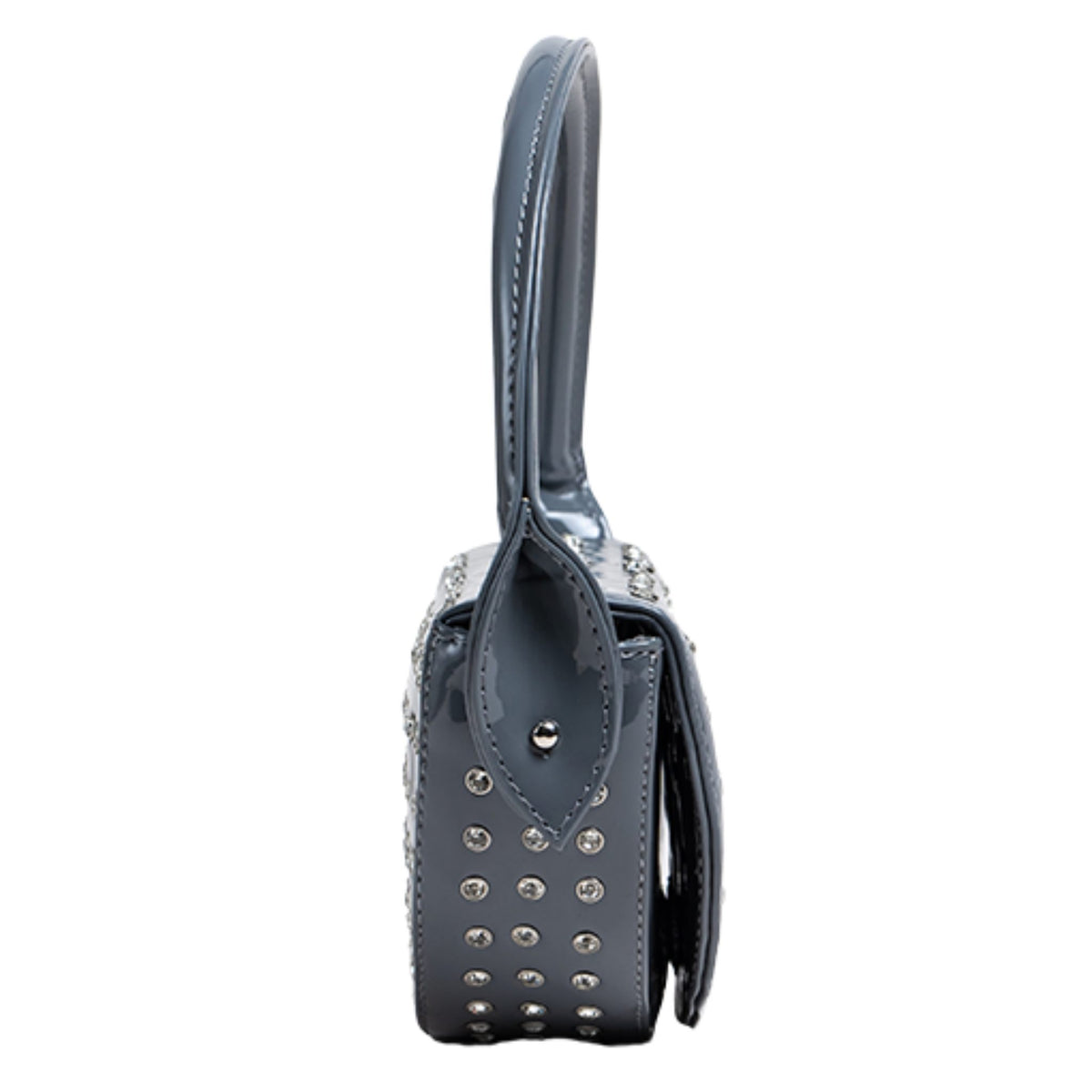 MVLUCKY - Grey Patent Leather Crescent Ycm Clutch With Crystals, buy at DOORS NYC