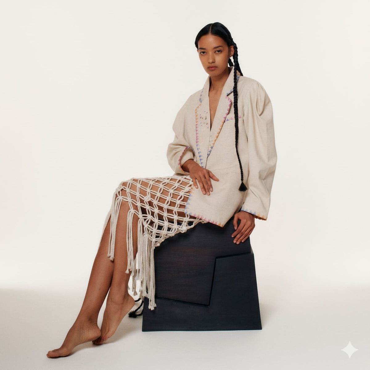 Woman sitting on a black stool wearing a beige jacket and macramé skirt against a white background