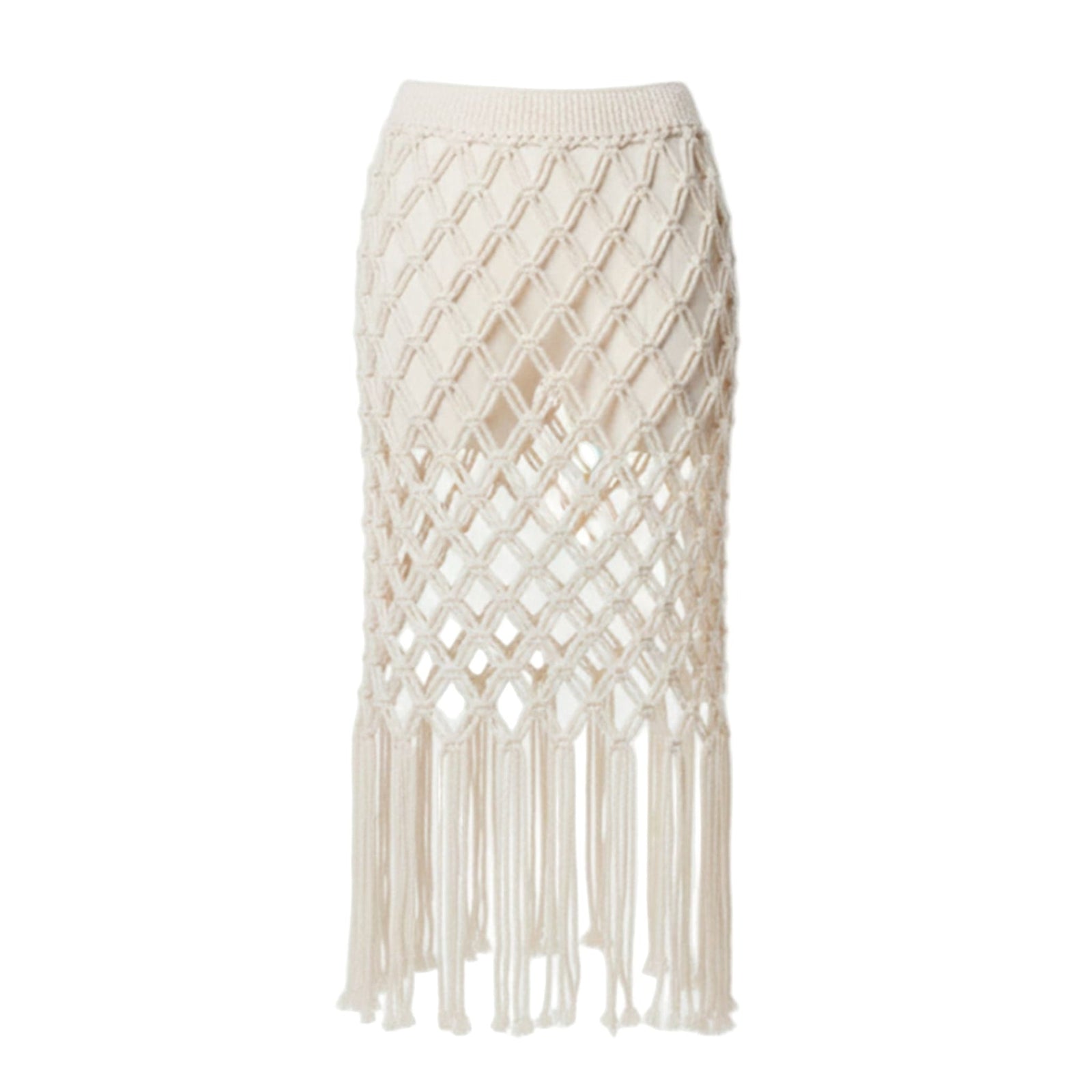 Beige macrame skirt with fringe on a white background