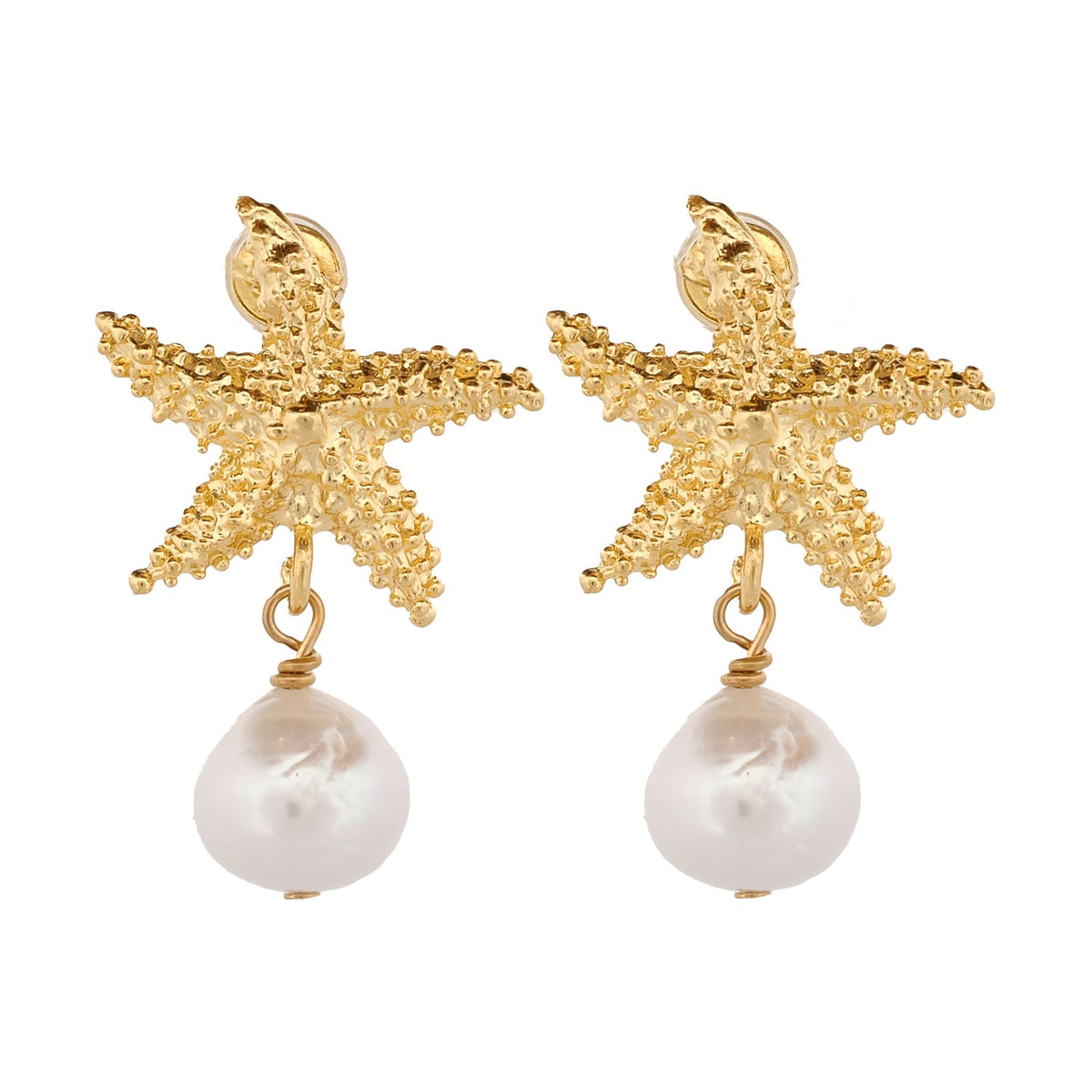 Majestic Gold Starfish &amp; Pearl Earrings with 24K Gold Plating