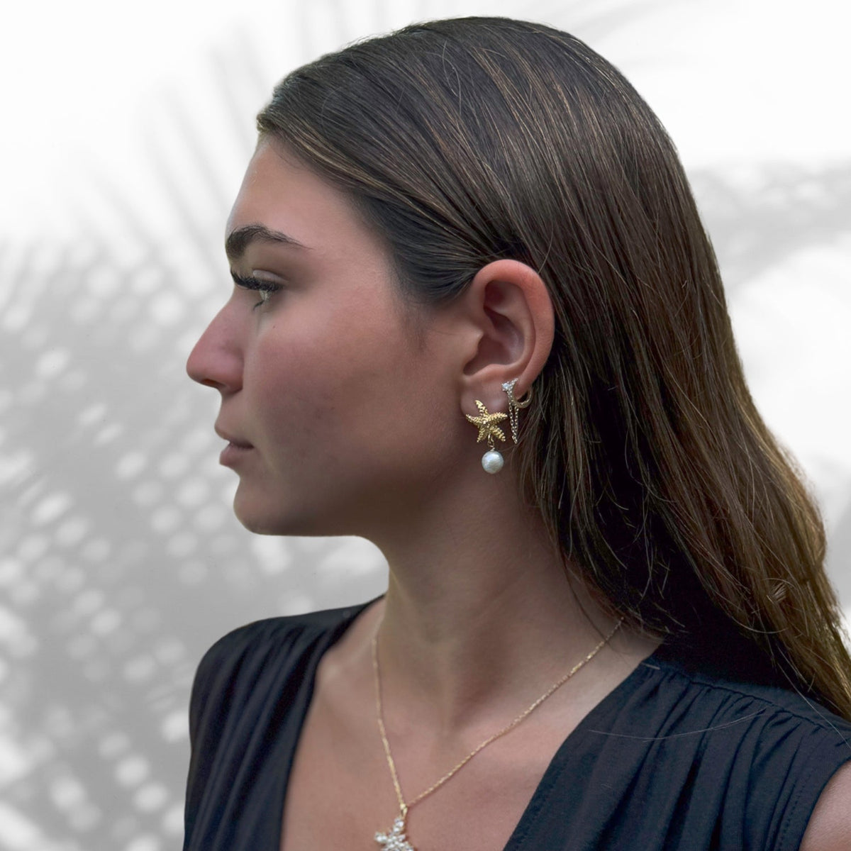 24K Gold Plated Brass Starfish Earrings with Pearl Stones