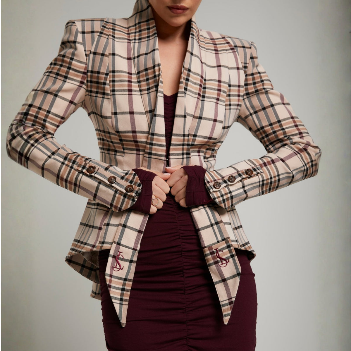LIZ SKORSIS - Malinda Tailored Blazer – Camel Check, PR Sample at DOORS NYC PR showroom