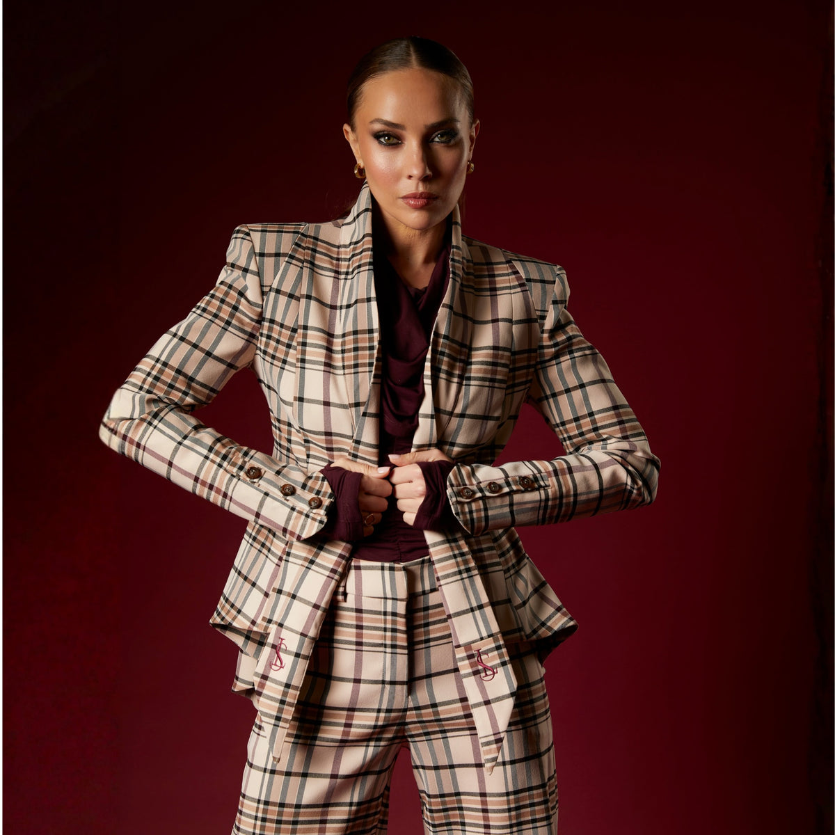 LIZ SKORSIS - Malinda Tailored Blazer – Camel Check, PR Sample at DOORS NYC PR showroom