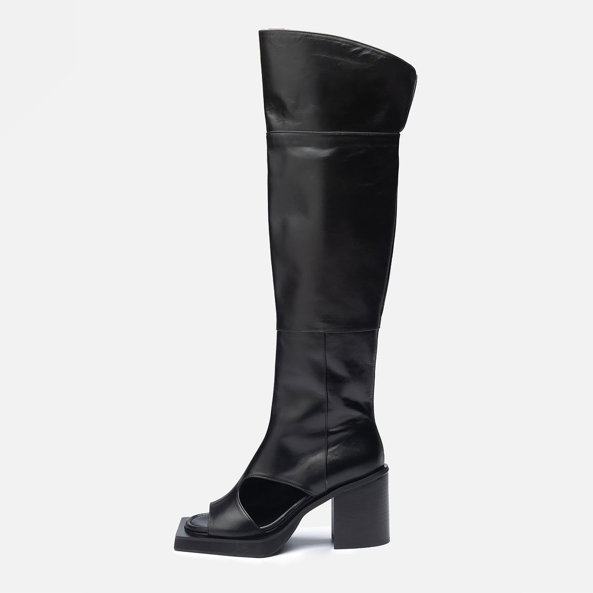 Black Open-Toe Knee-High Leather Boots