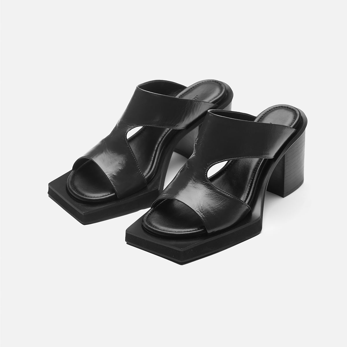 Black Block‑Heel Cutout 
Leather Mules