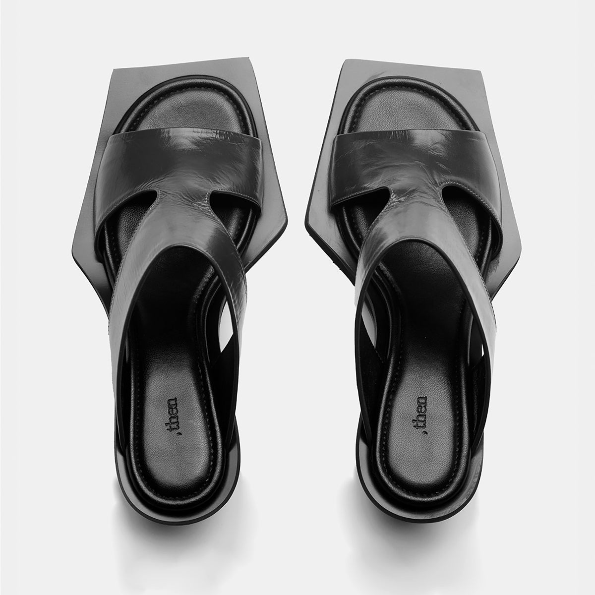 Black Block‑Heel Cutout 
Leather Mules