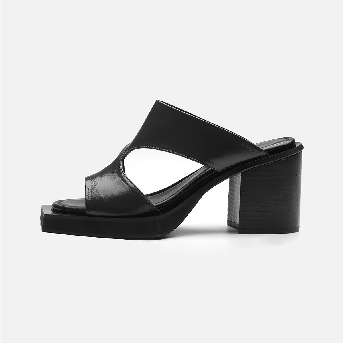 Black Block‑Heel Cutout 
Leather Mules
