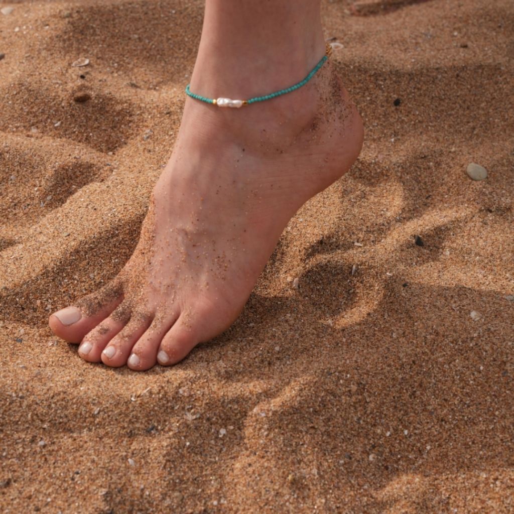 LINYA JEWELRY - Megy Turquoise Beaded Anklet with Pearl Detail, buy at DOORS NYC