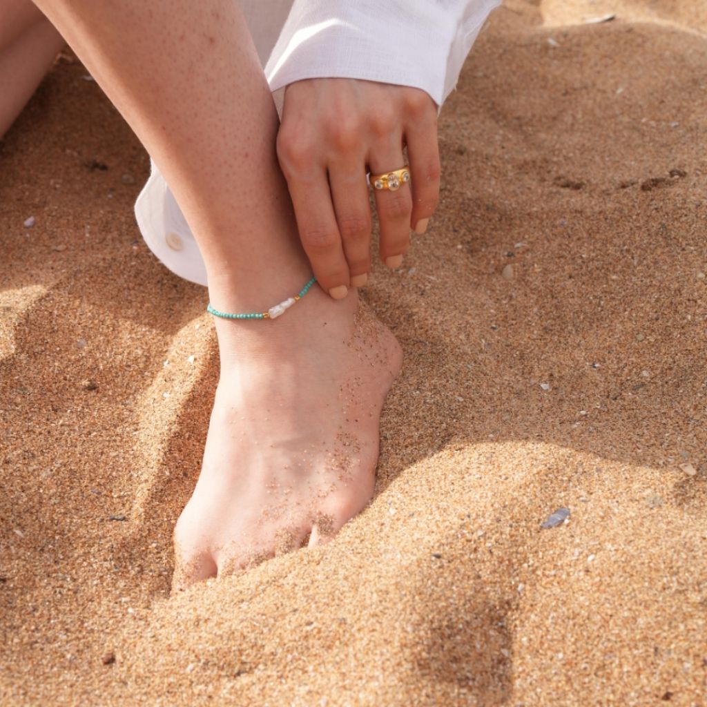 LINYA JEWELRY - Megy Turquoise Beaded Anklet with Pearl Detail, buy at DOORS NYC
