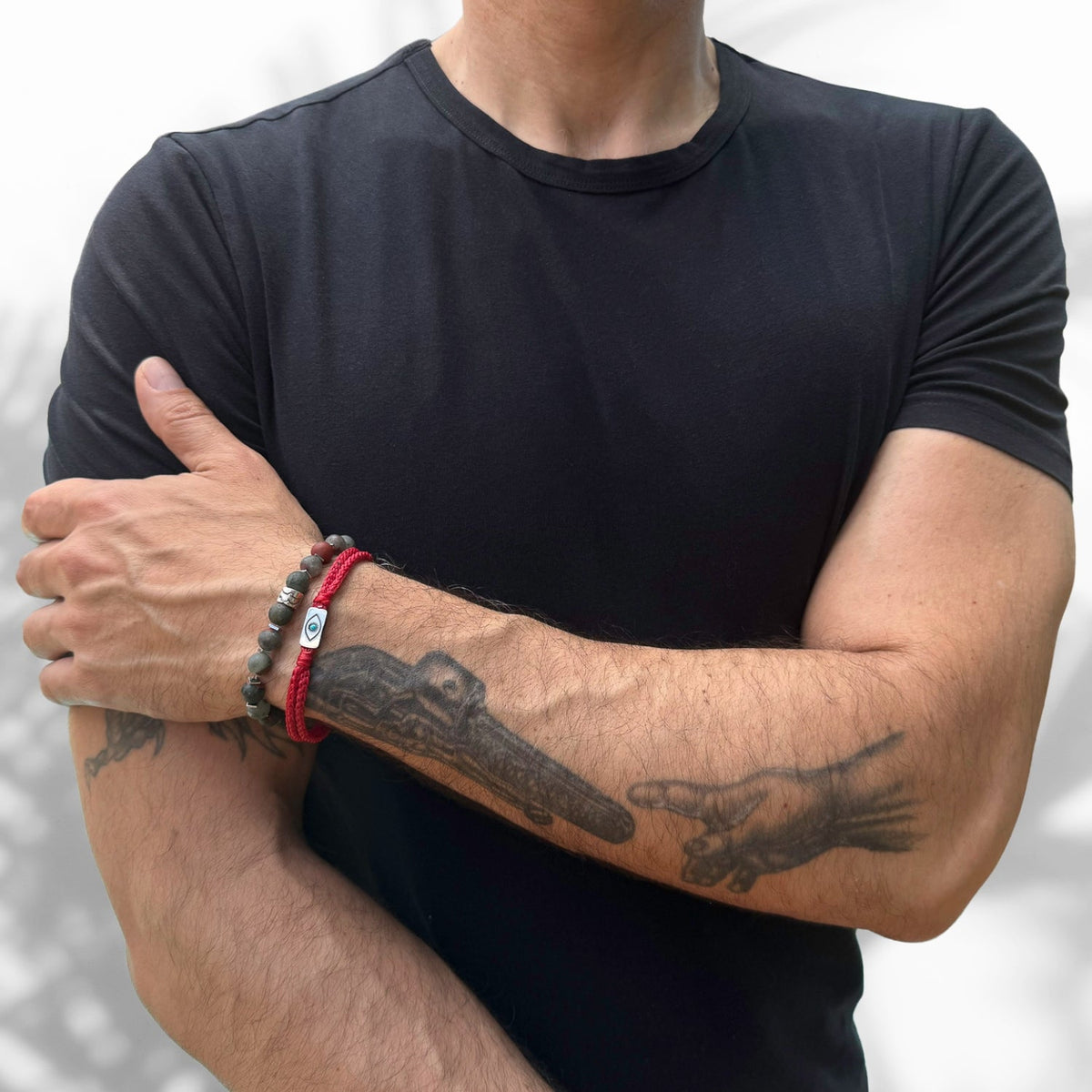 Handmade Men&#39;s Sterling Silver Evil Eye Bracelet with Red Rope Detail