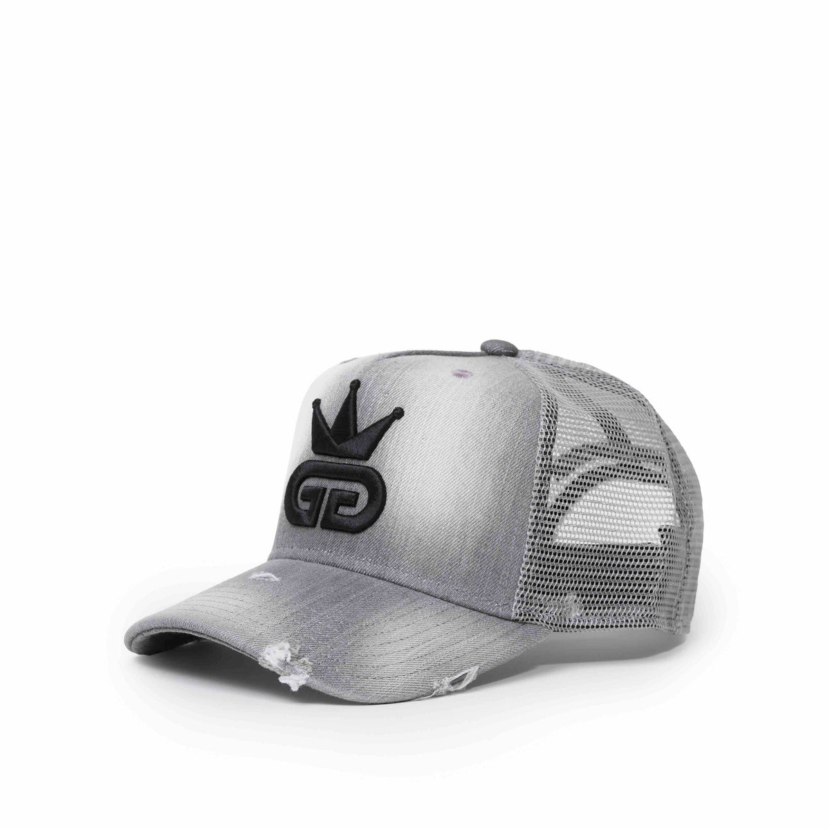 Acid Wash Distressed Grey Denim Mesh Hat