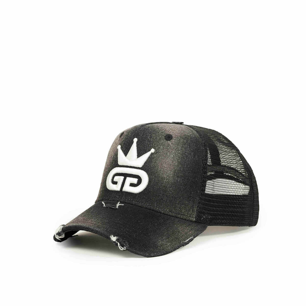 Acid Wash Distressed Black Denim Mesh Hat
