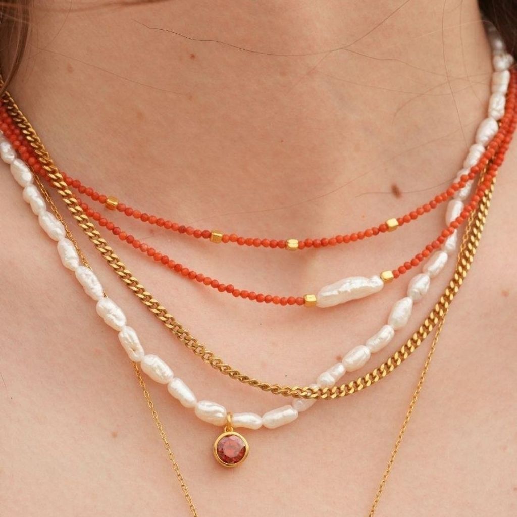 LINYA JEWELLERY - Mira Red Coral Beaded Necklace with Gold Accents, buy at DOORS NYC