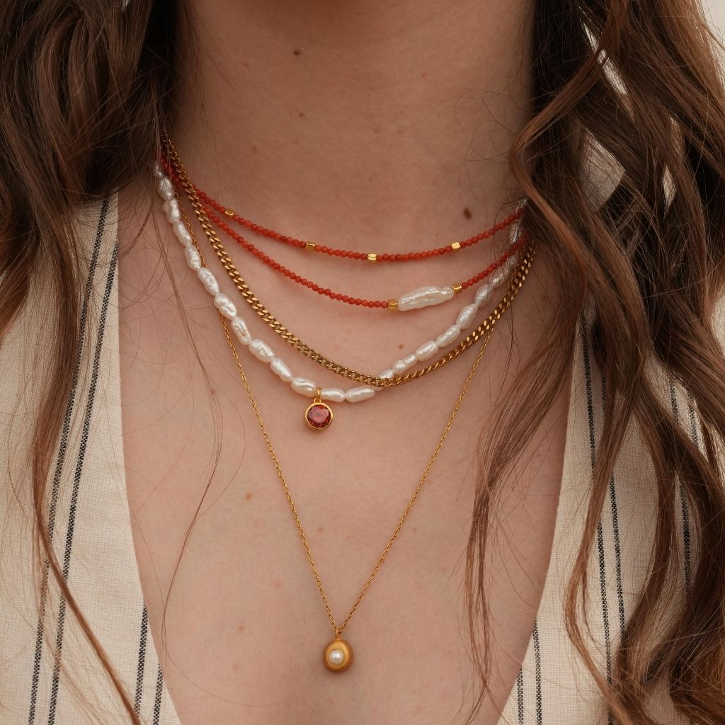 LINYA JEWELLERY - Mira Red Coral Beaded Necklace with Gold Accents, buy at DOORS NYC