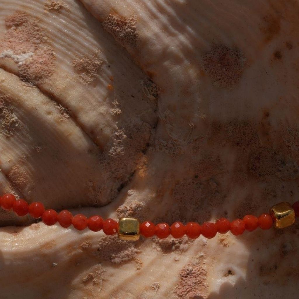 LINYA JEWELLERY - Mira Red Coral Beaded Necklace with Gold Accents, buy at DOORS NYC