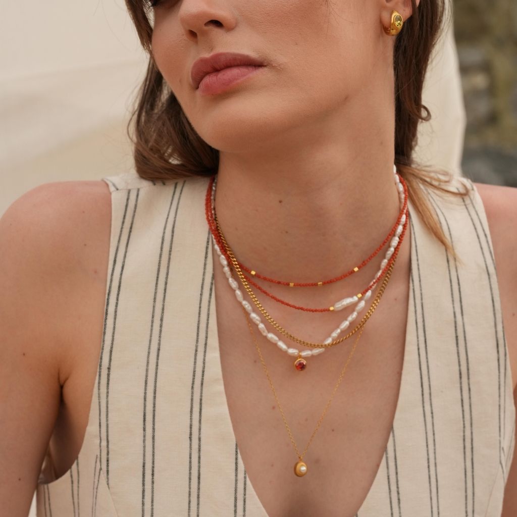 LINYA JEWELLERY - Mira Red Coral Beaded Necklace with Gold Accents, buy at DOORS NYC