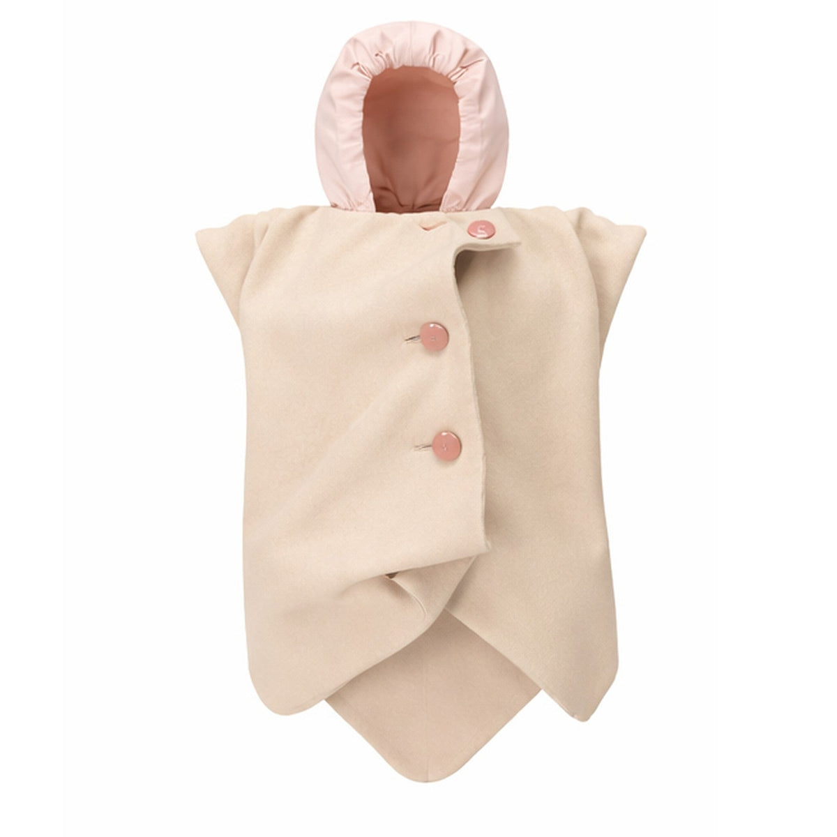Beige vest with pink buttons and hood on a white background