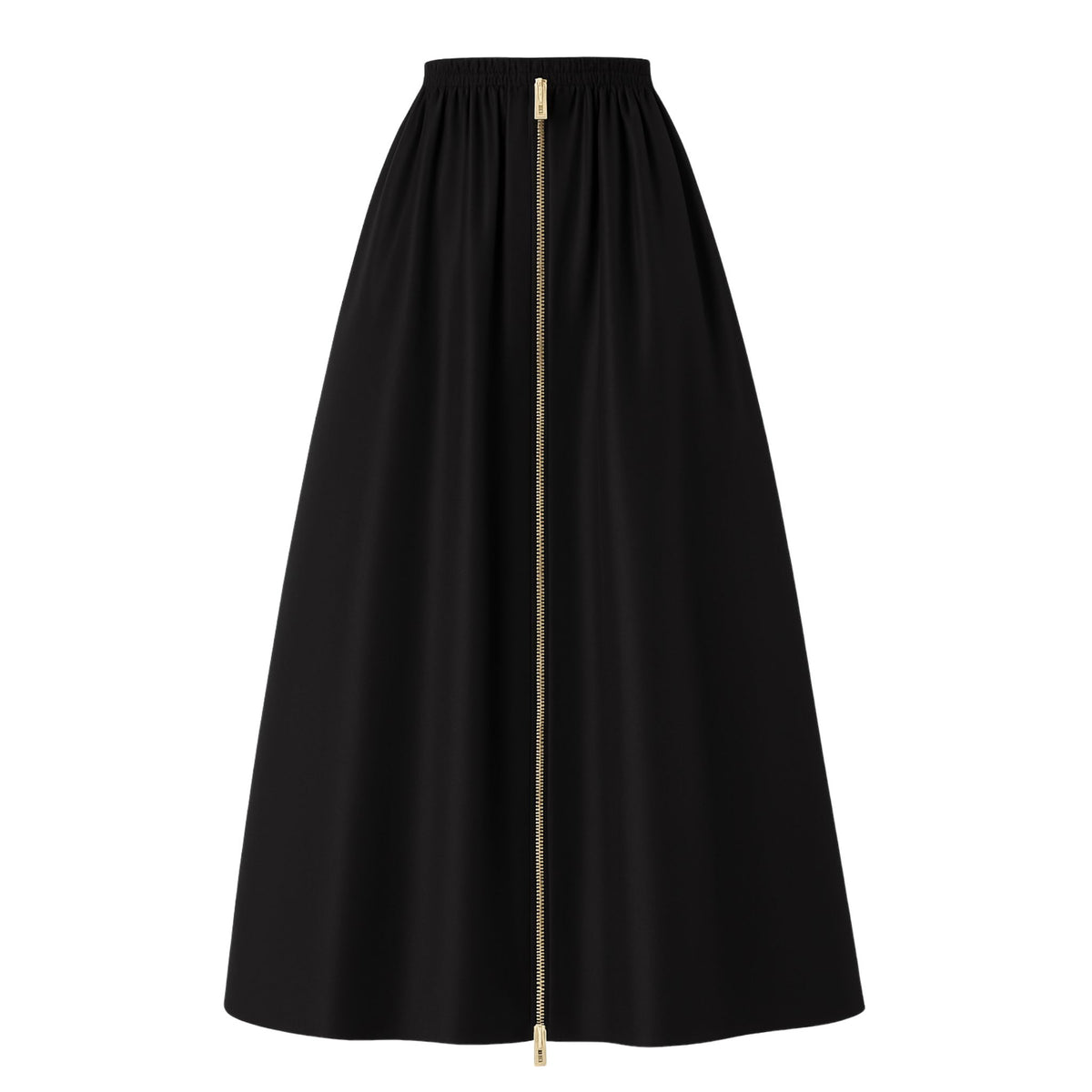 Model wearing black midi skirt with center zip and minimalist silhouette by NARCISS