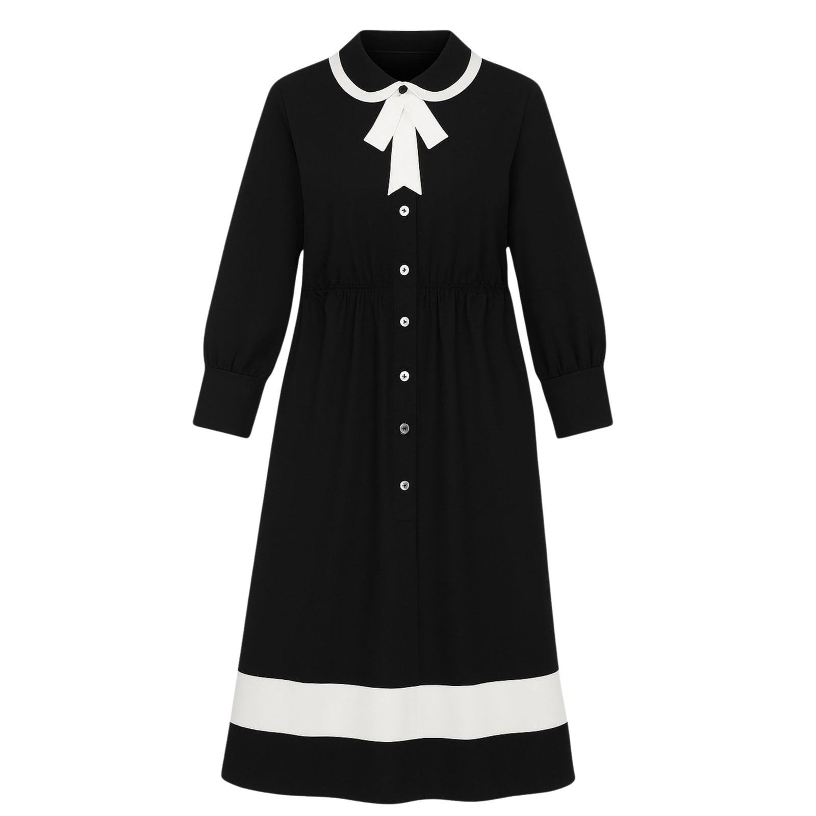 Black Midi Shirt Dress with white ribbon and stripe trim, designed by NARCISS