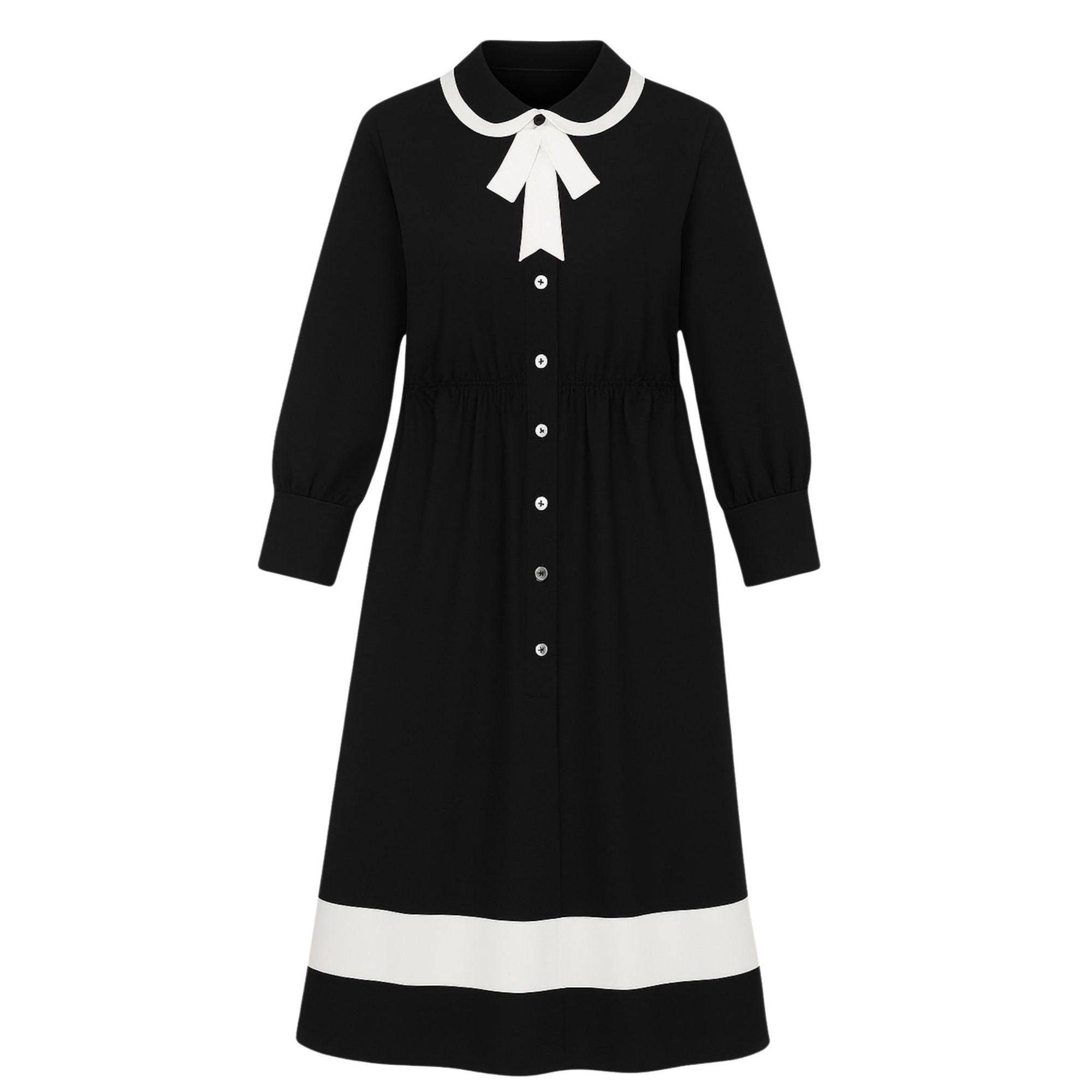 Black Midi Shirt Dress with white ribbon and stripe trim, designed by NARCISS