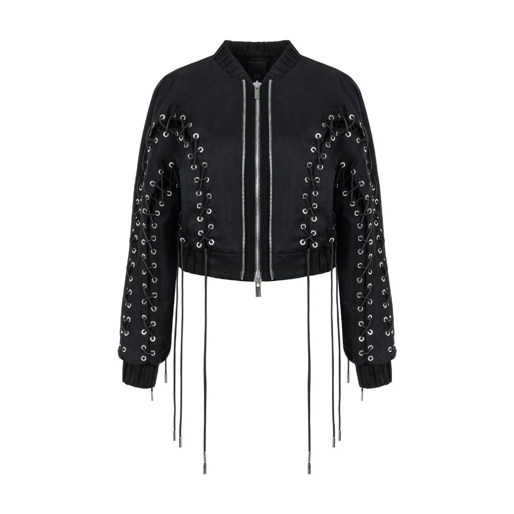 NU LONDON - Lace-Up Detailed Bomber Jacket | Black, buy at DOORS NYC