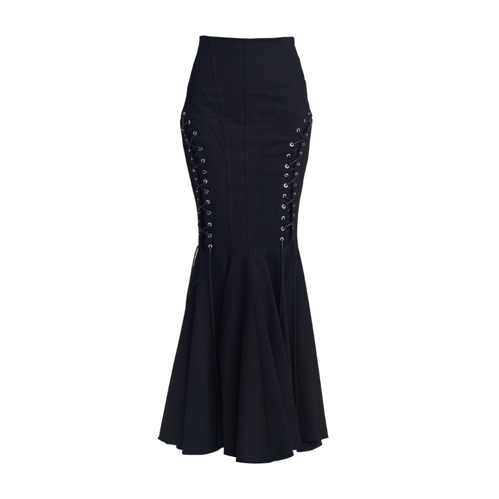 NU LONDON - Lace-Up Detail Fish Tail Skirt | Black, buy at DOORS NYC