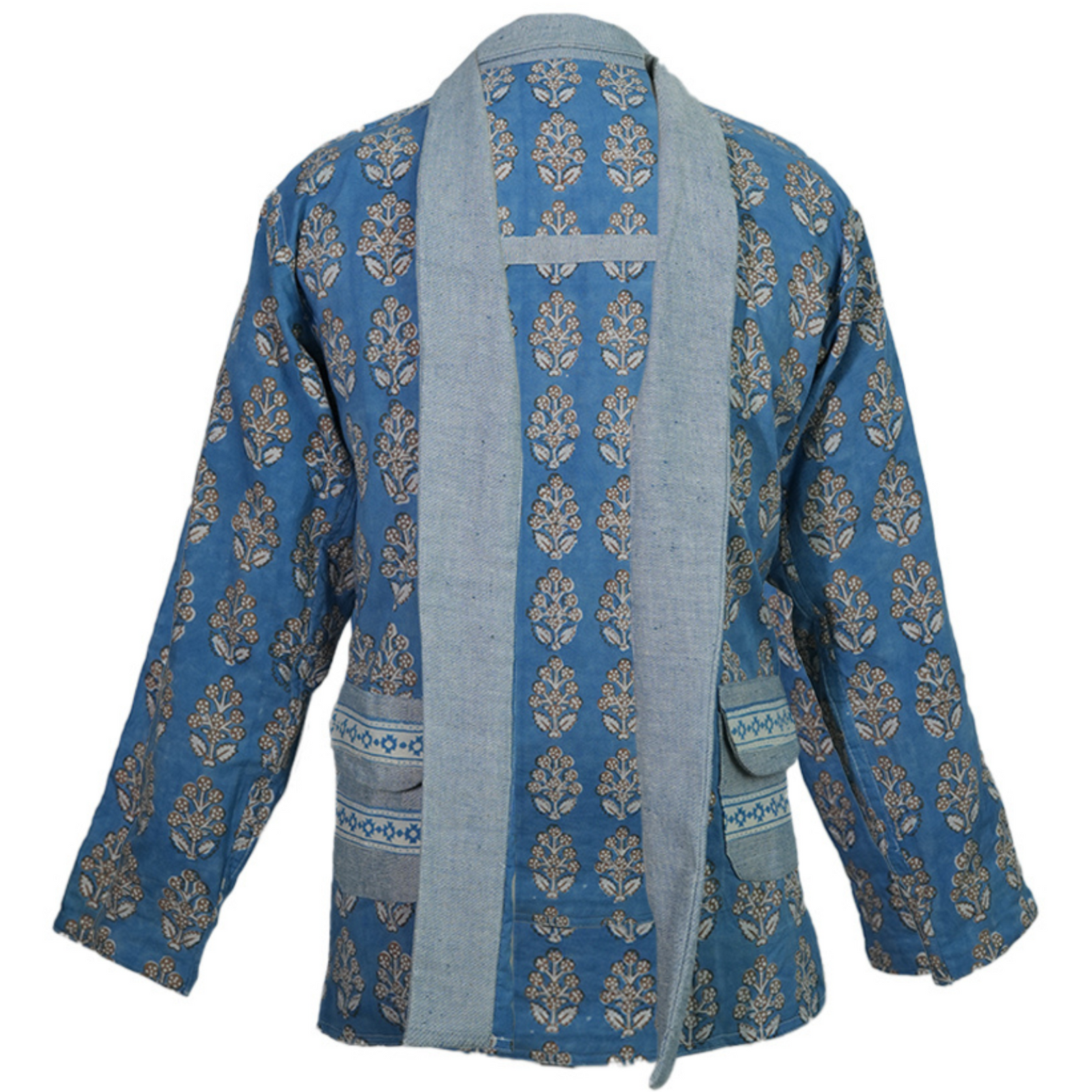 The Nadi Reversible Unisex Jacket by JIWYA features long sleeves, a light blue shawl collar, pocket details, and a beige and white hand-block floral print on sustainable cotton.