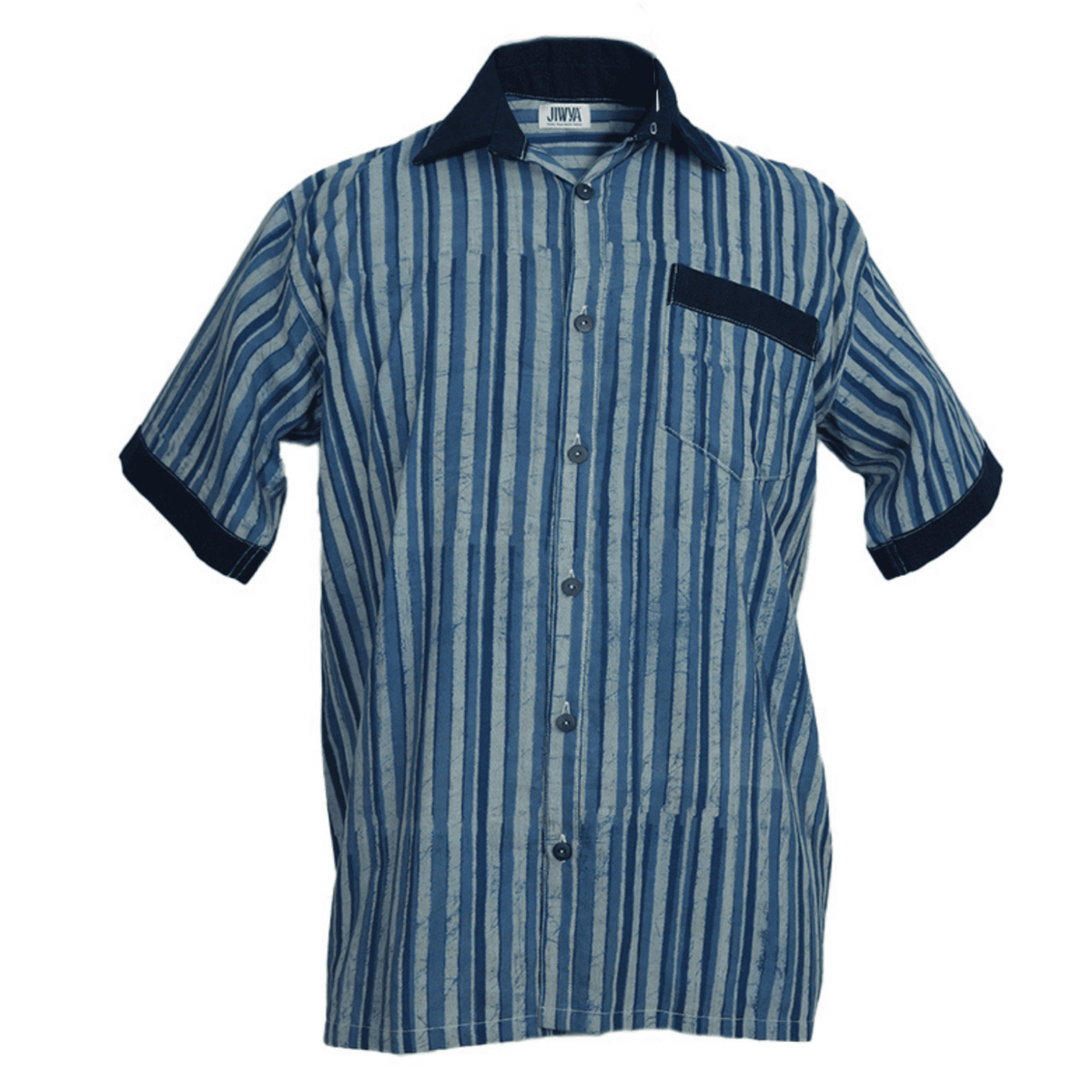 The JIWYA Neel Striped Shirt in blue features indigo with vertical blue and white stripes, a navy collar, sleeve cuffs, and chest pocket.