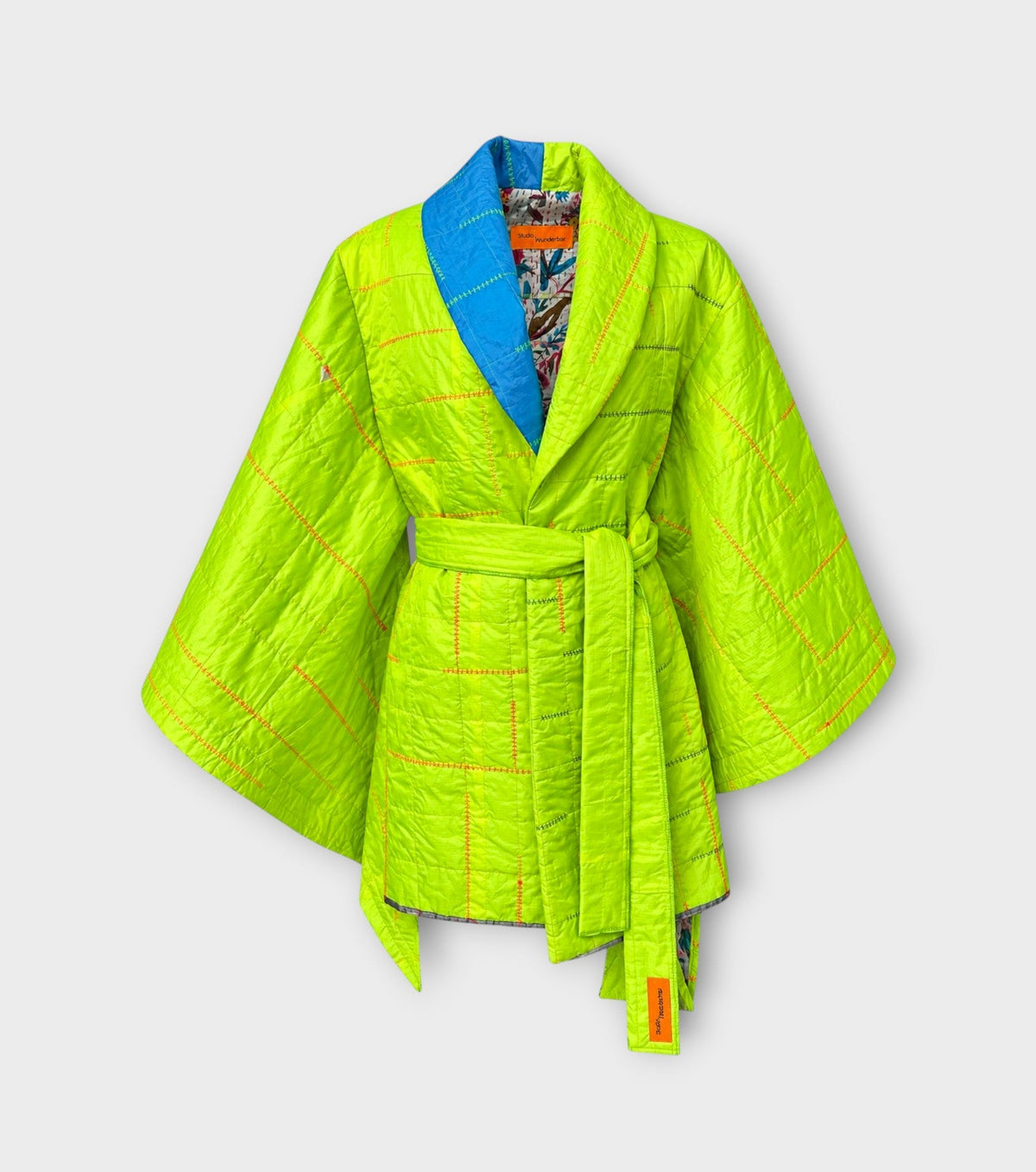 STUDIO WUNDERBAR Kite Cape Coat: neon green quilted kimono jacket with oversized shawl collar and self-tie belt, women's and men's upcycled coat, product photo, buy at DOORS NYC