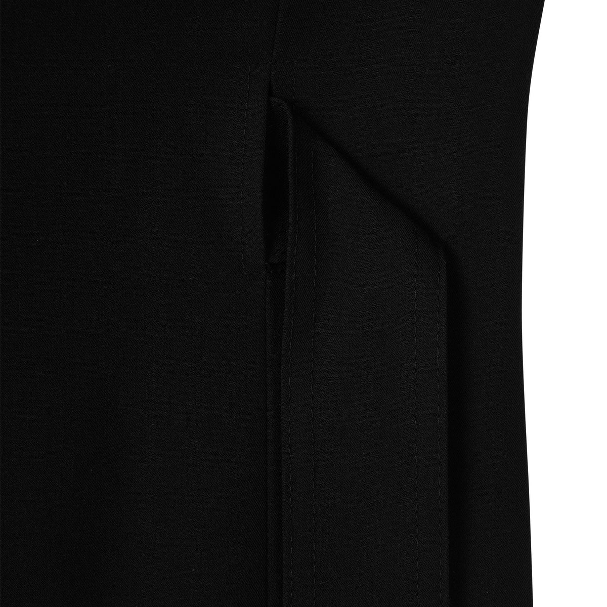 Close-up of a black coat with a focus on texture and fit.